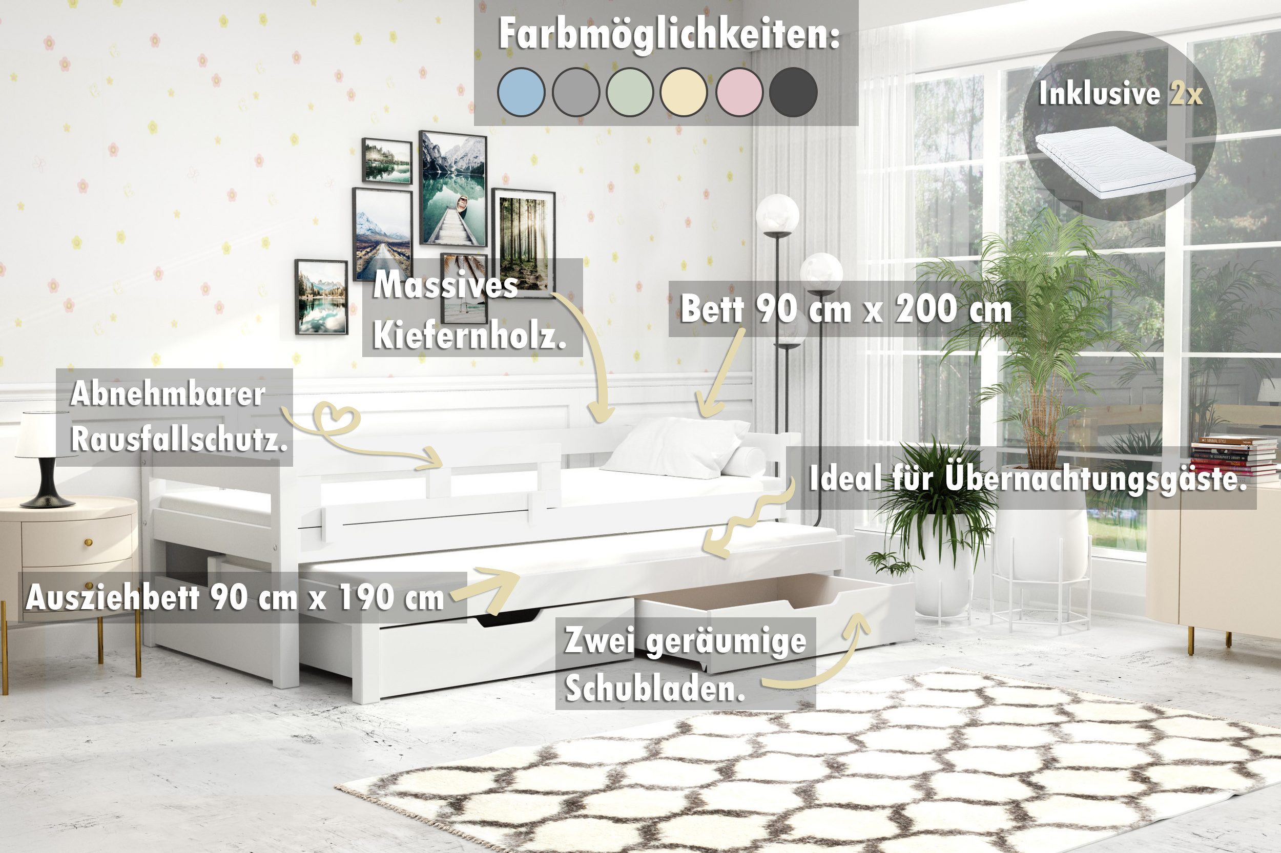 thematys Kinderbett mit Rausfallschutz und Ausziehbett und 2 Schubladen für Kinder (in 90x200cm + INKLUSIVE 2 Schaumstoffmatratzen, für Jungen und Mädchen, mit abnehmbaren Rausfallschutz), Kinderbett aus Kiefernholz