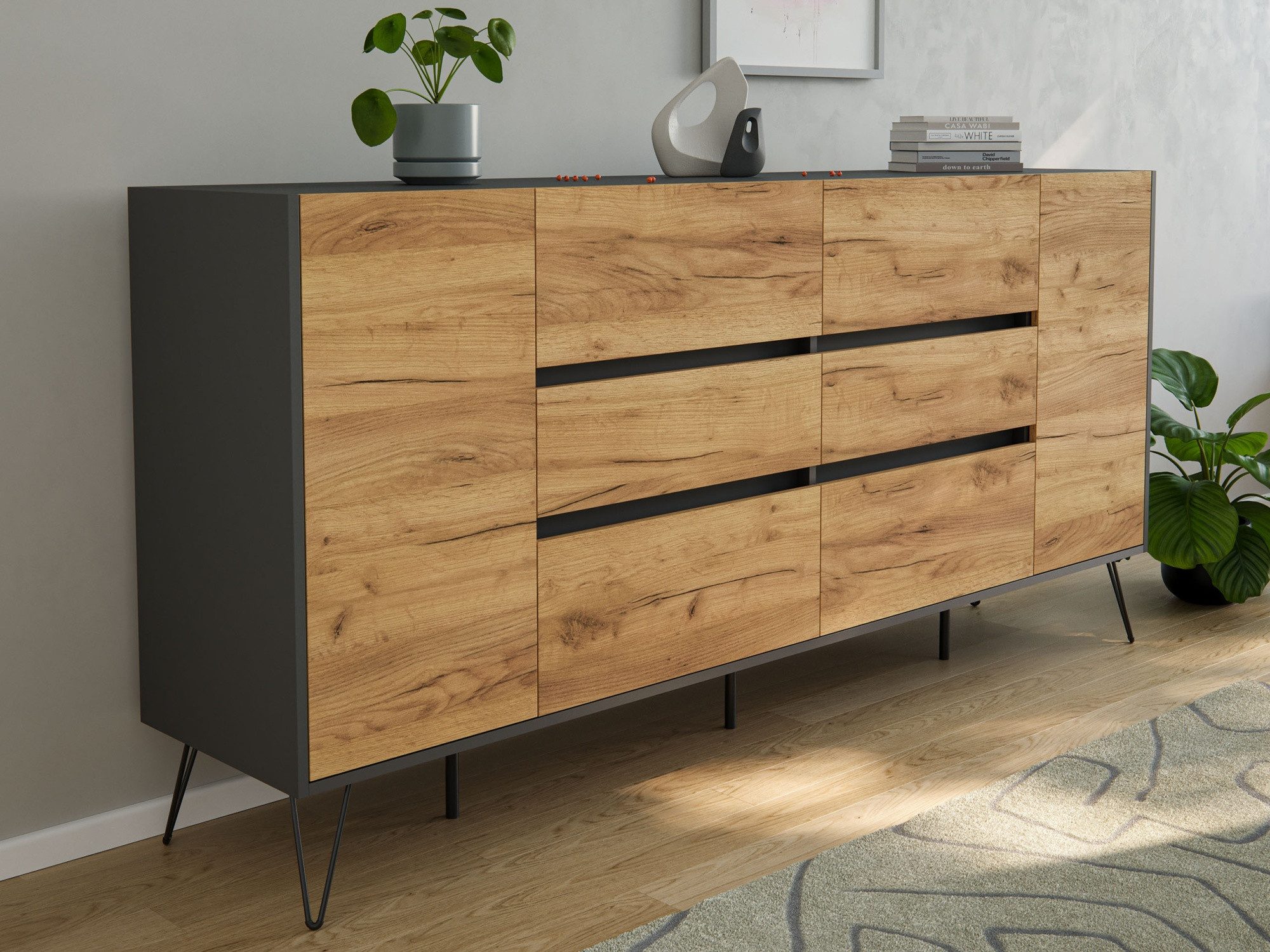 Magnolia Home Kommode Sideboard Yako XL 200cm 6 SoftClose 2 Türen Grafit/Eiche Front