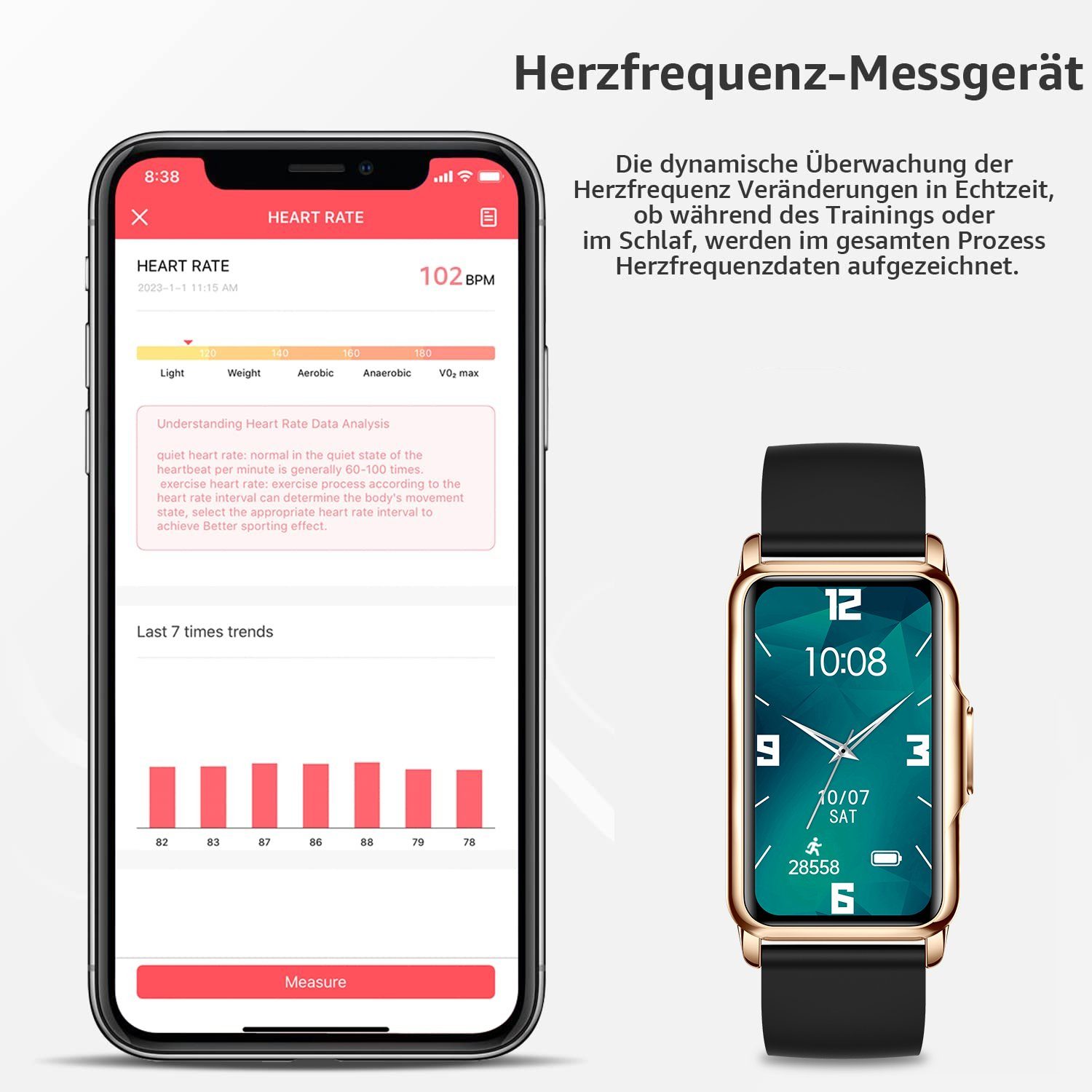 Uhr, Smartwatch Smartwatch Rosa Haiaveng Schwarz Zoll, Fitness Watch, + Smart Damen Tracker, Fitness und Android Damen iOS cm), cm/1,47 (3,73 Gesundheitsfunktionen