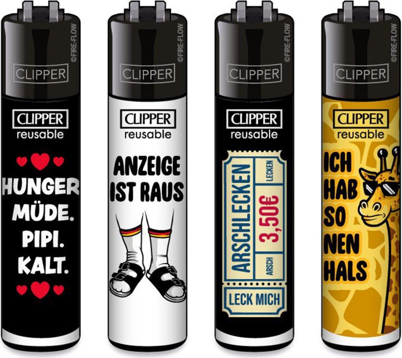 CLIPPER Зажигалки 4 Stück im Set mit Spruch nachfüllbar & wiederverwendbar (4-St), Original Clipper Зажигалки im Set mit Spruch "hunger,müde,pipi,kalt"