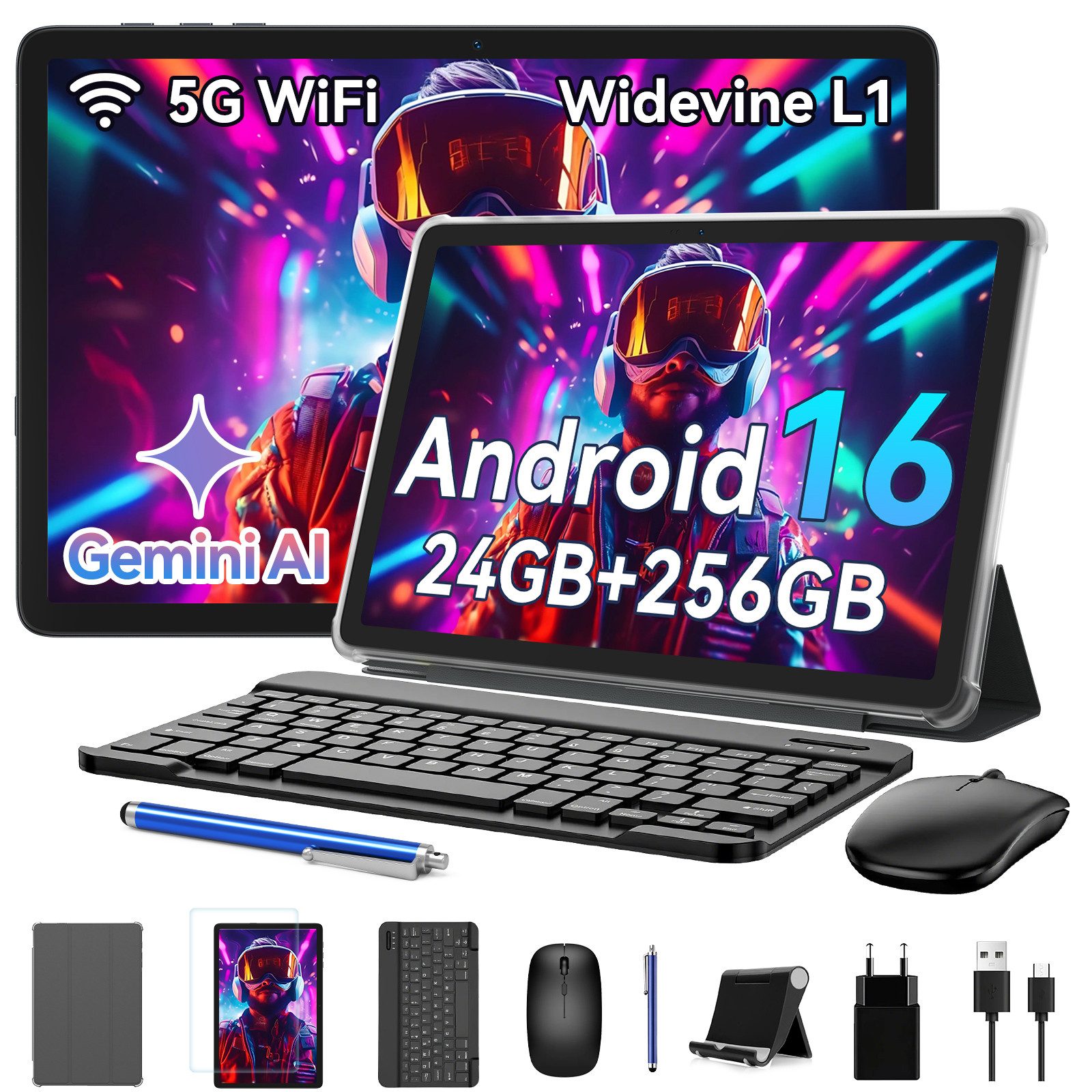 VekfulPC 10" Android 16 256GB mit Stift/Maus/Tastatur WiFi Tablet (10", 256 GB, Android 16, Gemini Al, Face ID, Octa-Core, 5000 mAh, 336 Stunden Standby-Zeit)