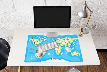 MuchoWow Gaming Mauspad Weltkarte - Kind - Tiere - Blau - Jungen - Mädchen (1-St), Büro für Tastatur und Maus, Mousepad Gaming, 90x60 cm, XXL, Großes