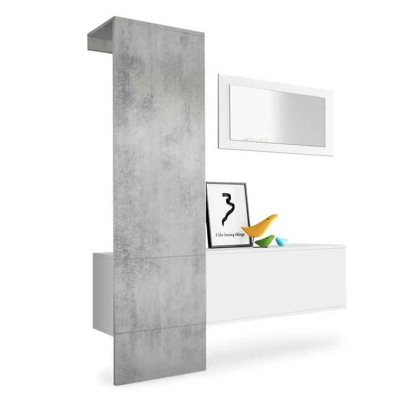 Vladon Шкафы-Set Carlton, (Wandgarderobe bestehend aus, 3-St., 1 Paneel, 1 Schrankmodul und 1 Wandspiegel), Weiß matt/Beton Oxid Optik (156 x 193 x 35 cm)