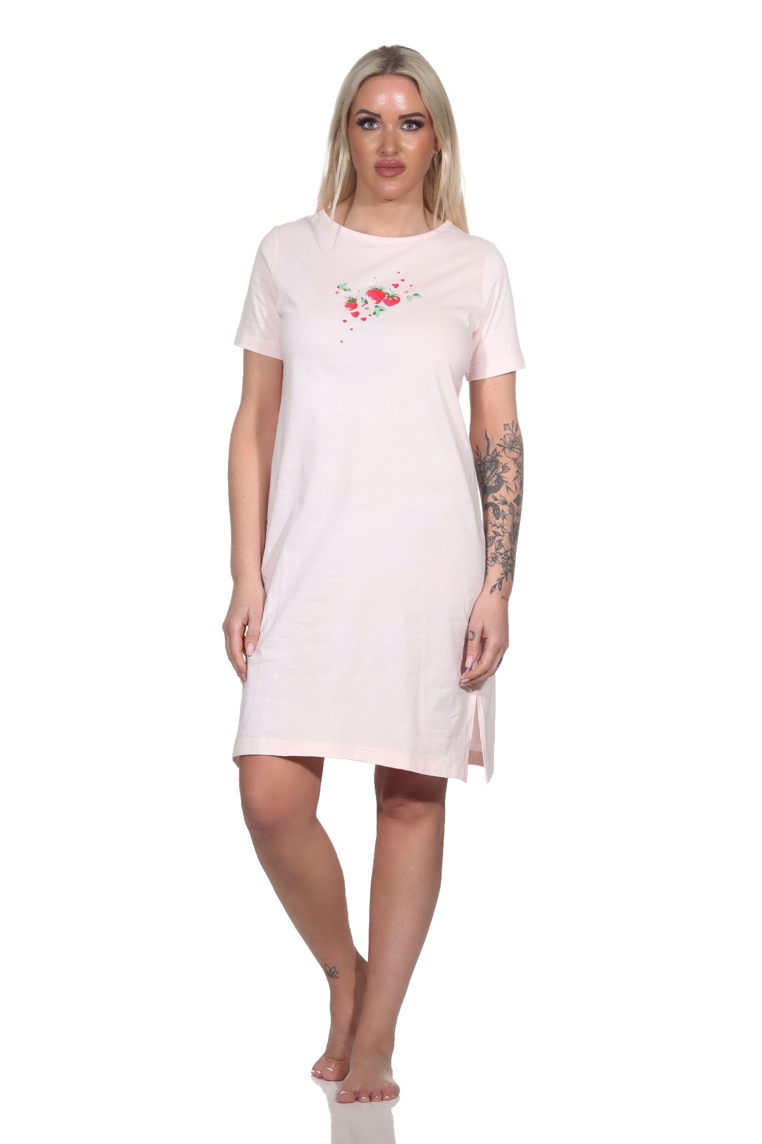 Damen Süsser Nachthemd Nachthemd als Normann Motiv kurzarm mit rosa Erdbeeren