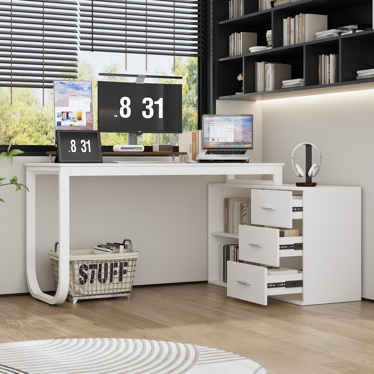 FUFU&GAGA Eckschreibtisch 130 cm L Förm Computertisch mit 3 Schubladen & 2 Regalen – Bild 3 von 5