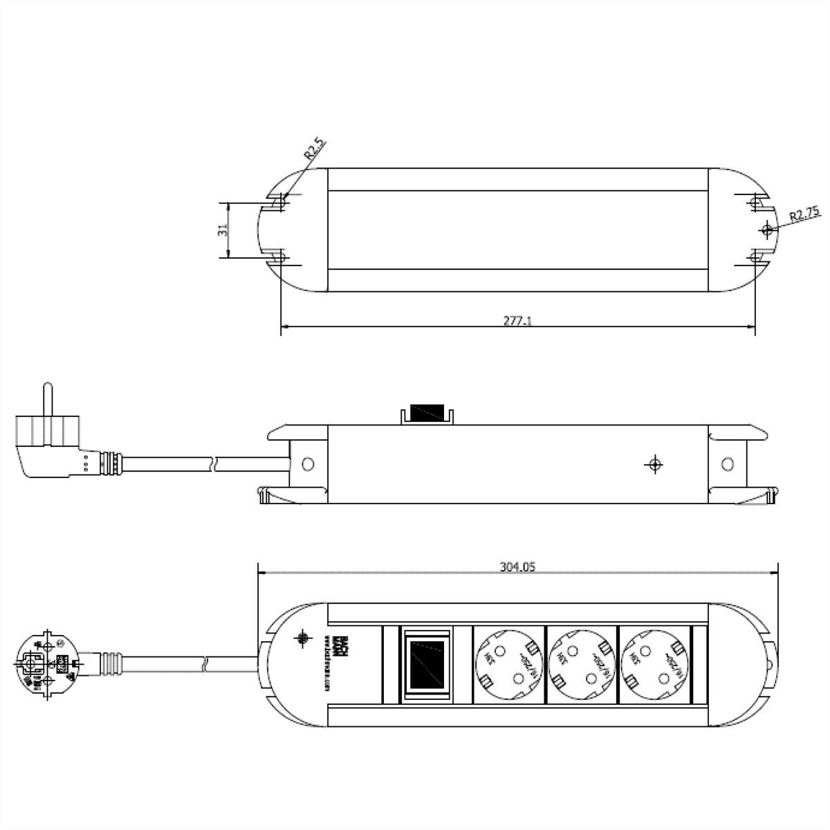 Bachmann PRIMO Steckdosenleiste 3x Schutzkontakt, Aluminium, mit Schalter Steckdosenleiste (Kabellänge 1.75 m), 330.070