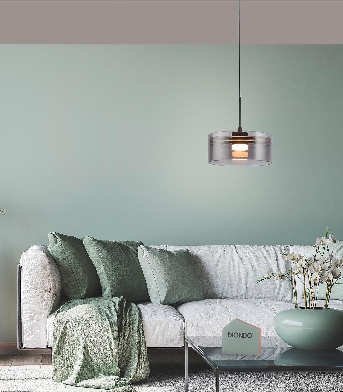 MONDO LED Pendelleuchte KARENA, 1-flammig, Rauchfarben, Schwarz, Metall, Höhenverstellbar, LED fest integriert, Extra-Warmweiß, Rauchglas, Ø 20 x H 180 cm