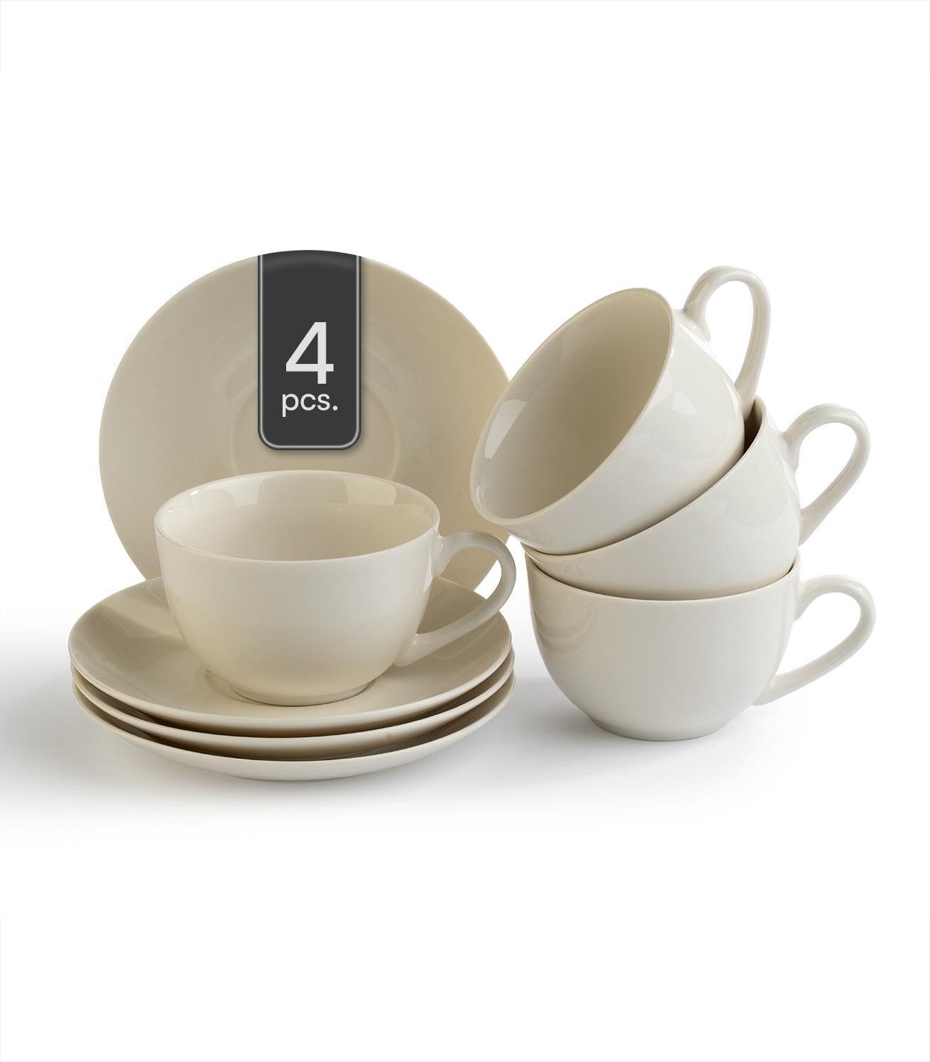 Home4You Cappuccinotasse, 220 ml, Weiß, Knochenporzellan, 4-tlg., Porzellan, spülmaschinenfest