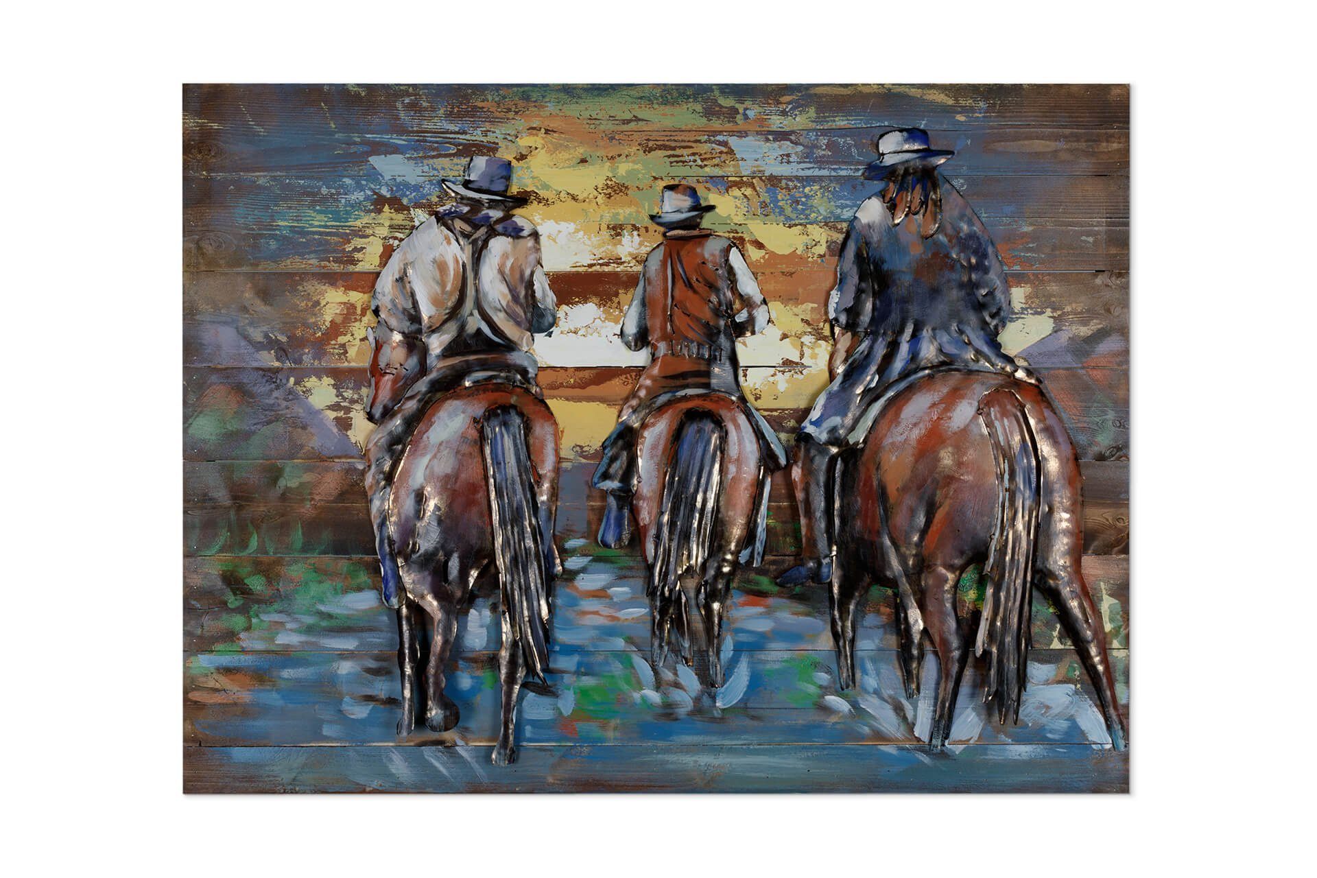 handgefertiges Holz 100x75 aus at cm, Wandbild Holzbild Sunset Ride Cowboys KUNSTLOFT