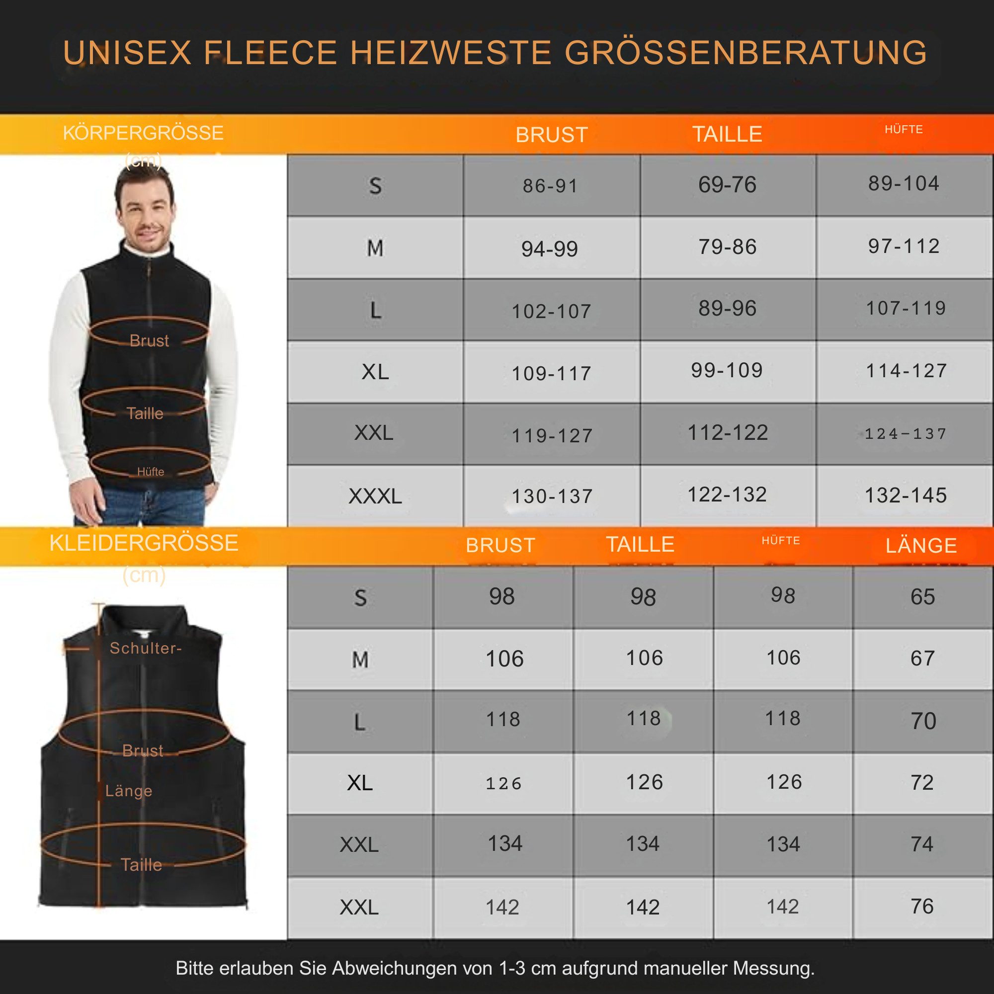Vivitar Funktionsweste Unisex-Heizweste aus Polar Fleece mit 4 Heizzonen OHNE Powerbank (für Outdoor, Arbeit, Wandern, Skifahren und Winter, ärmellos mit Stehkragen, warme Thermoweste für Damen und Herren) USB-Heizweste mit 3 Heizstufen 45–65 °C, Carbonfaser-Heizung