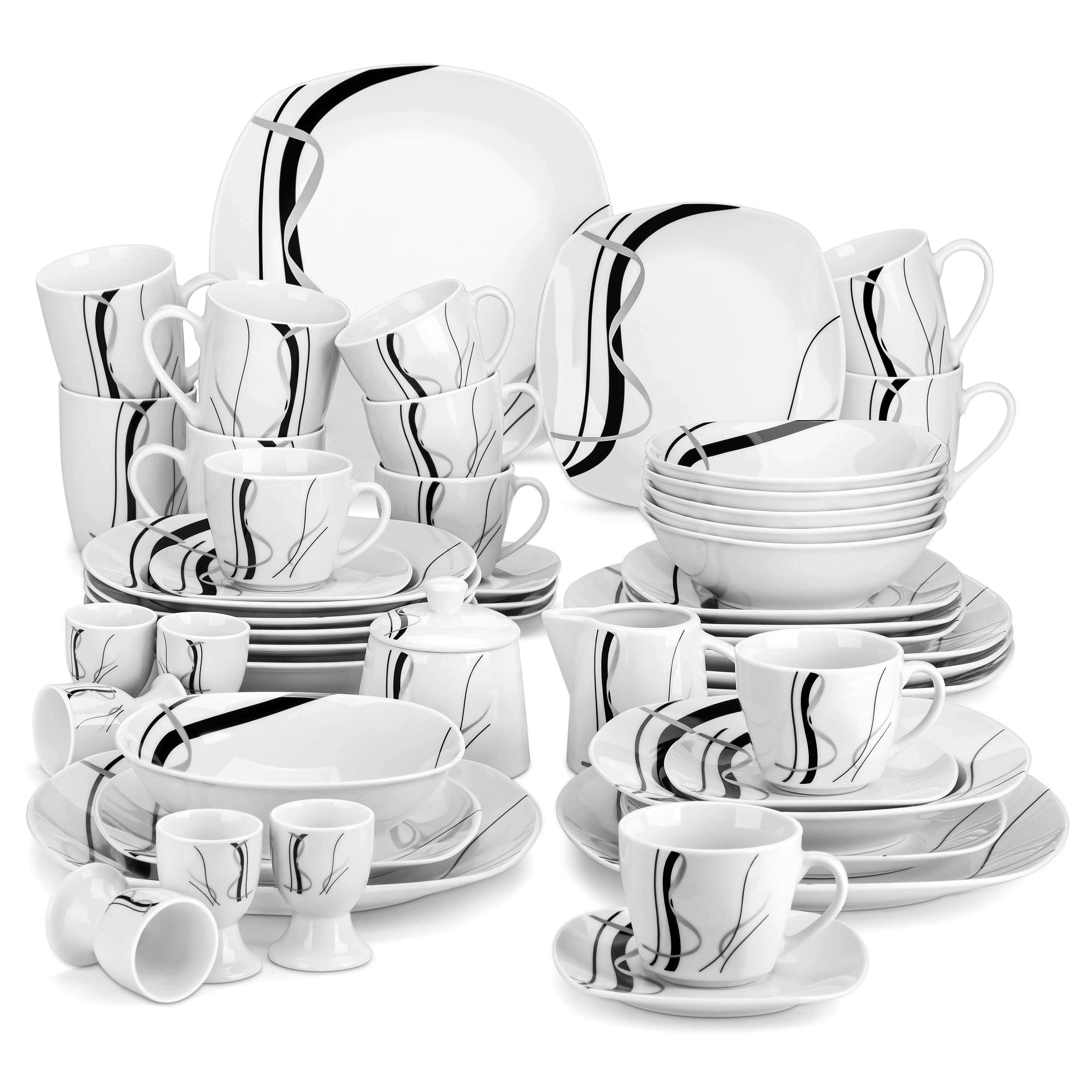 MALACASA Geschirr-Set Geschirrset FIONA für 6/4, Grauweiß Porzellan Kombiservice (50-tlg), 6 Personen, Porzellan