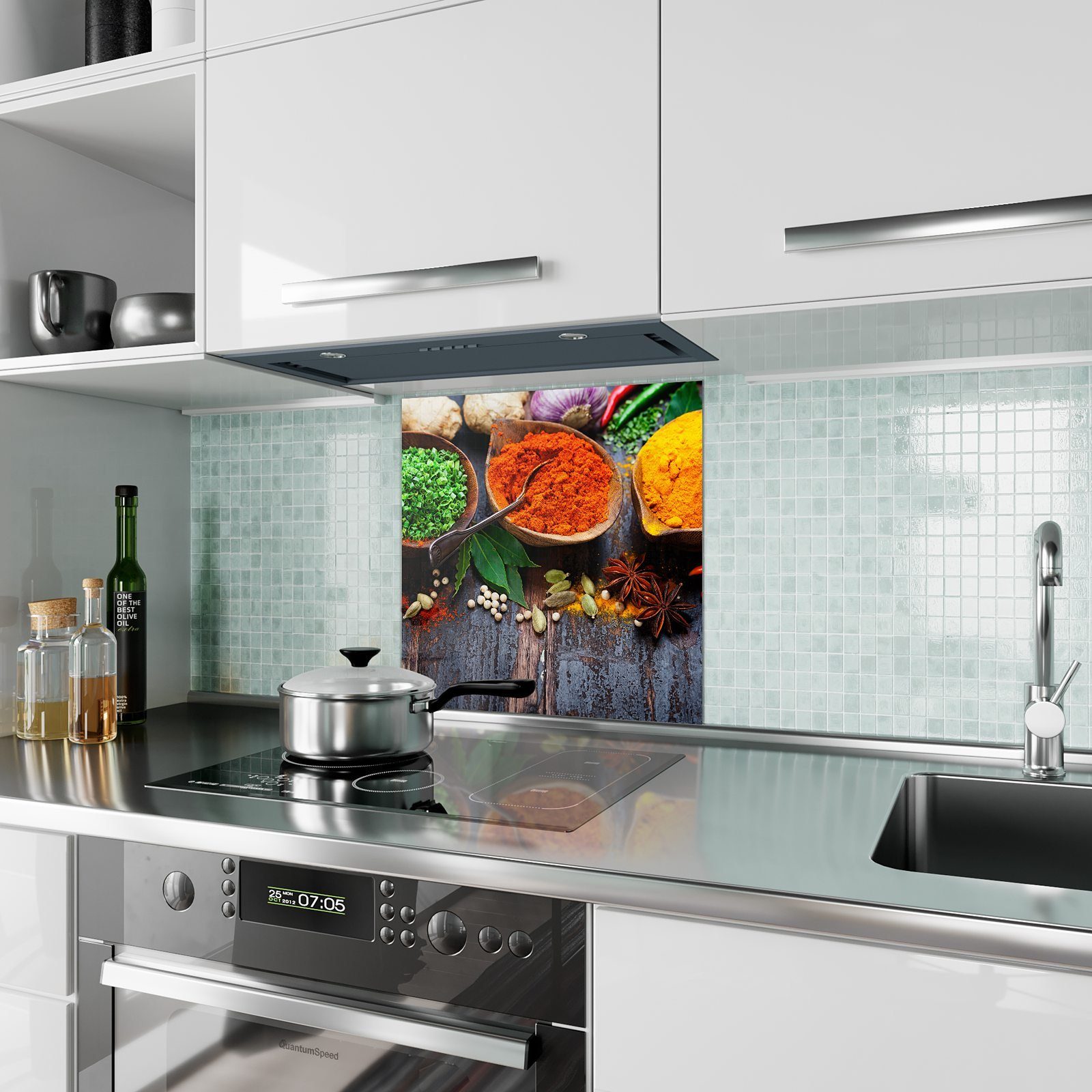 Primedeco Küchenrückwand Küchenrückwand Spritzschutz Glas in mit Gewürze Schalen Motiv