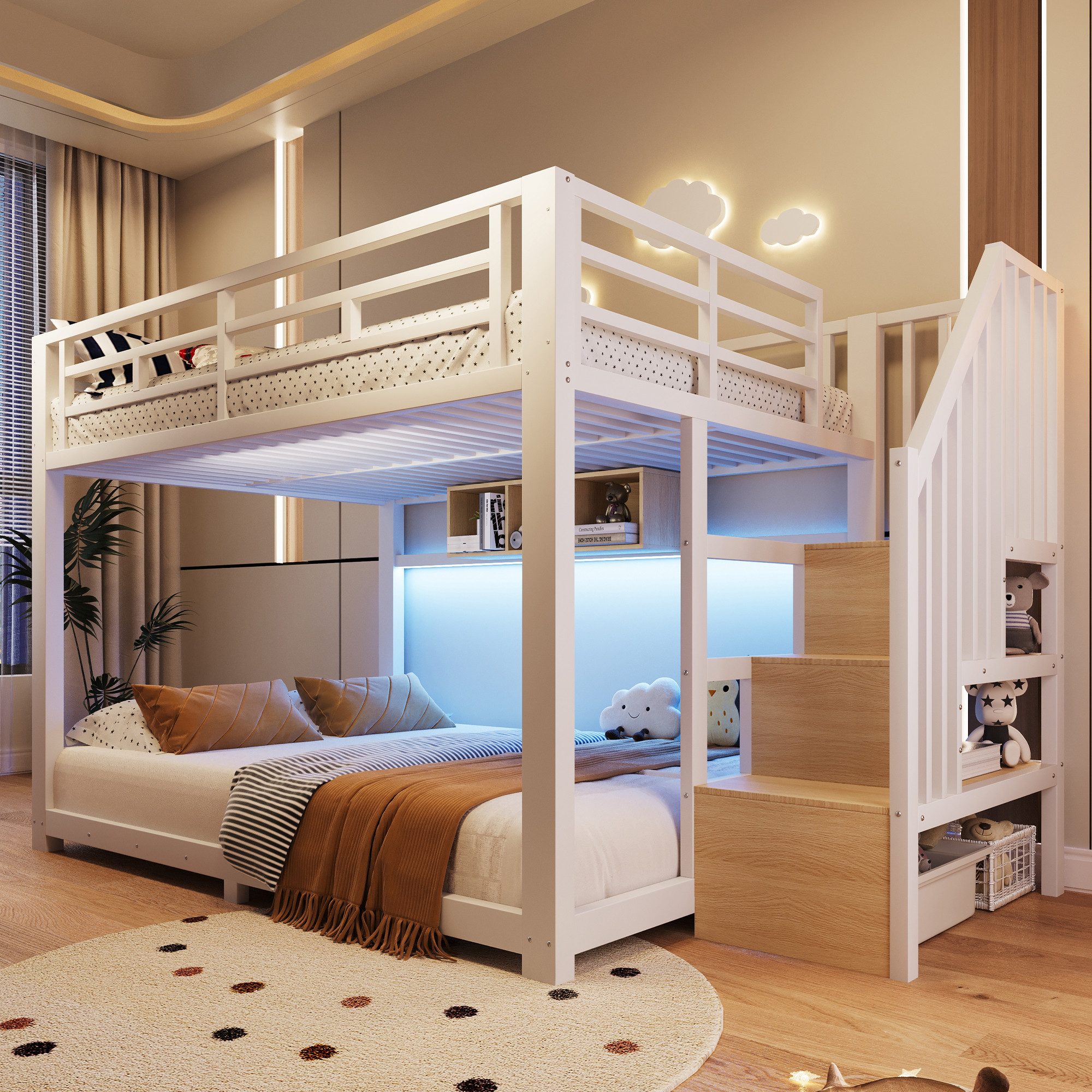 Odikalo Etagenbett 90x200 140x200 Kinderbett Jugendbett mit LED Stauraumtreppe (Mit LED-Lichtleisten, Drei Staufächer,Treppenkonstruktionen mit Stauraum, Geländer, Stufe, en747 zertifiziert, ohne Matratze, Metall)