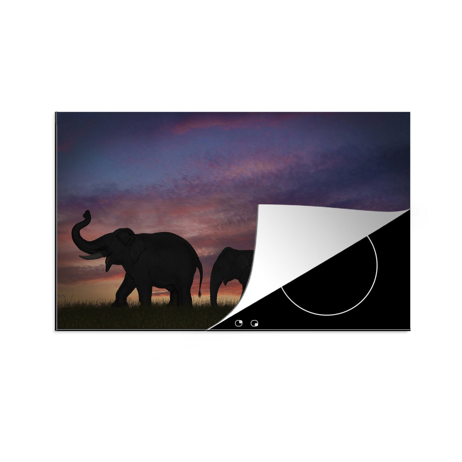 MuchoWow Herdblende-/Abdeckplatte Silhouette für laufender küche Arbeitsplatte Ceranfeldabdeckung, cm, Vinyl, Elefanten, (1 83x51 tlg)