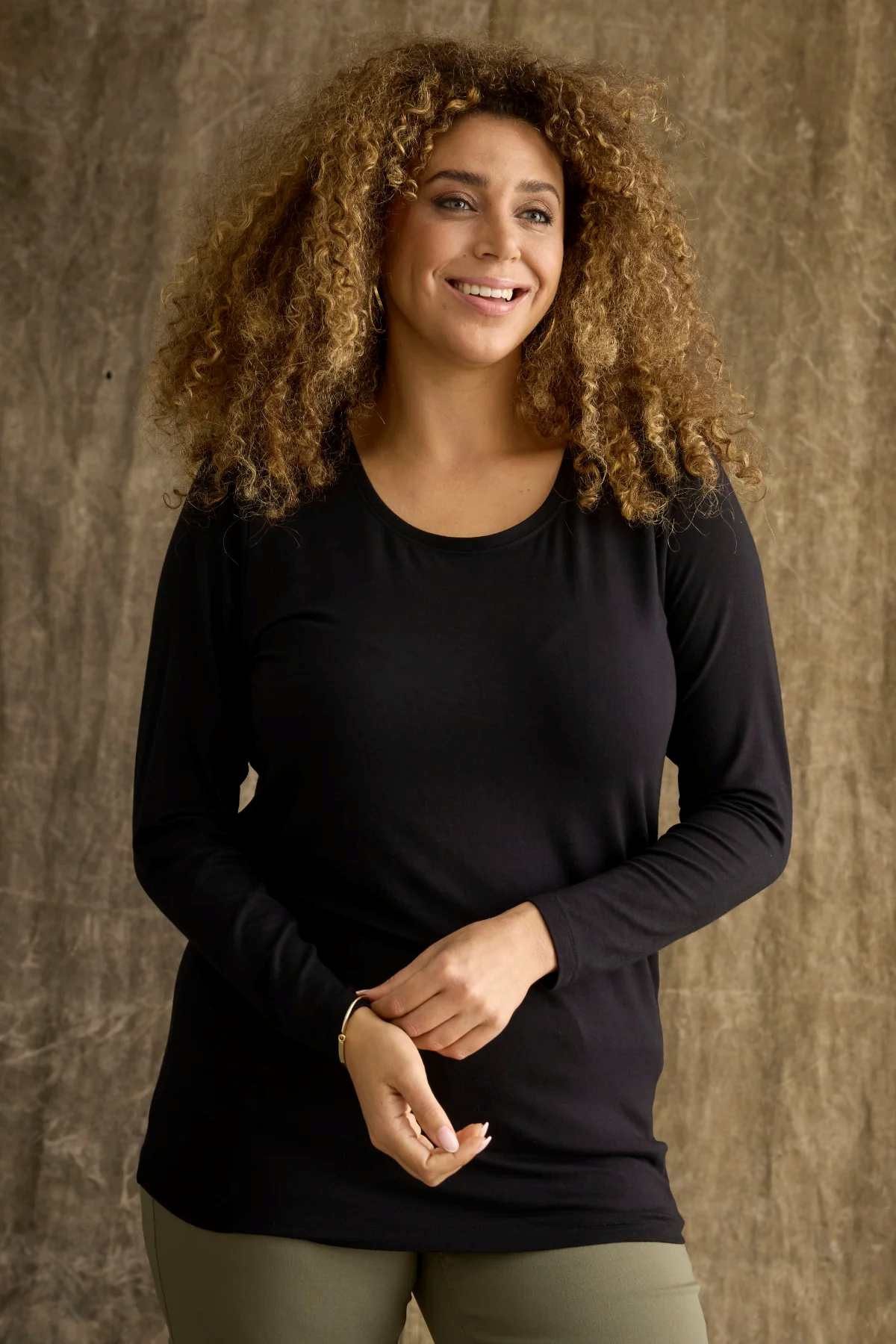 Zhenzi Langarmshirt Shirt Bambou schwarz Unifarben