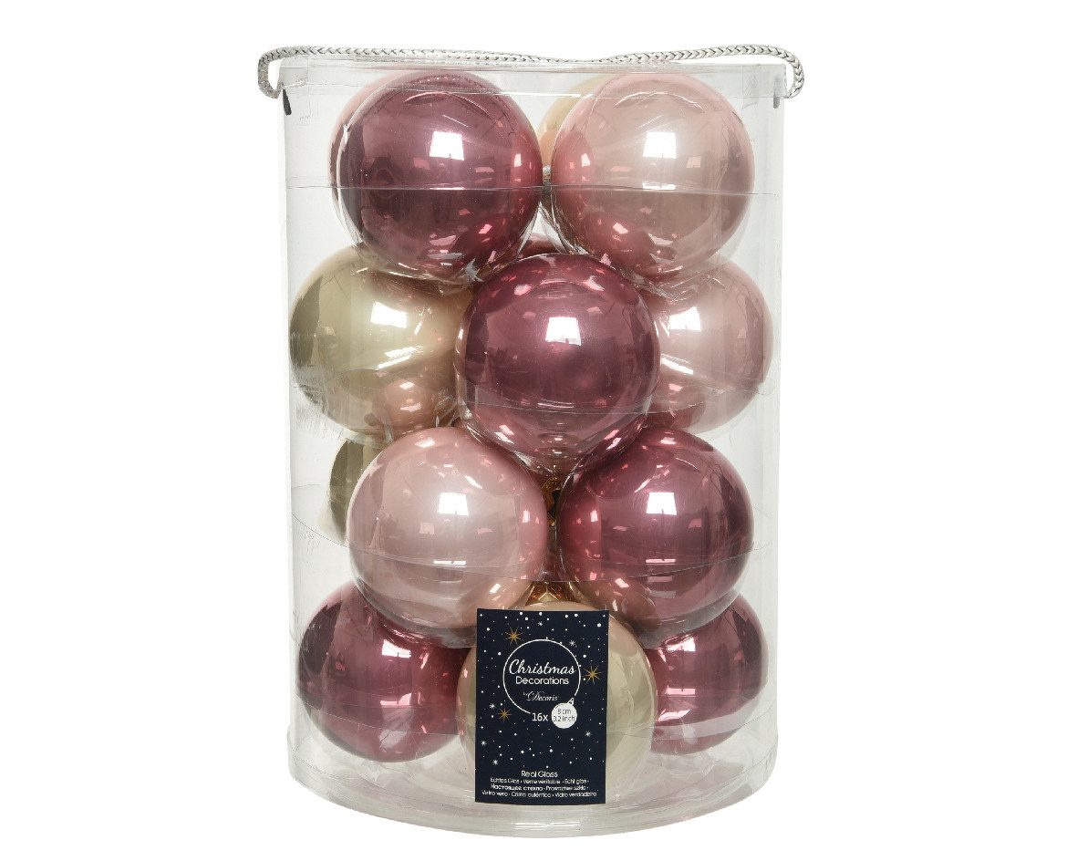 Kaemingk Weihnachtsbaumkugel, Weihnachtskugeln Glas 8cm 16 Stück - Samtpink / Puderrosa / Perle Mix