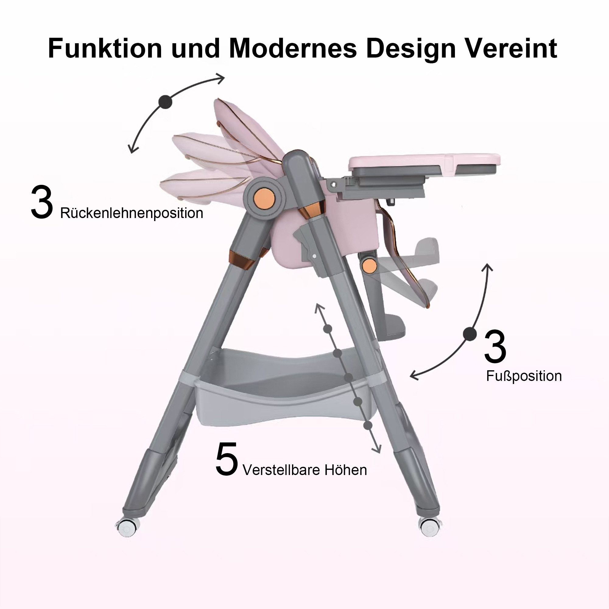 KLAM HOME Kinderklappstuhl Kinderstuhl 6-36 Monate, bis 45kg, faltbar & vielfach verstellbar (Sicherer Kinderklappstuhl mit 5-Punkt-Gurt, Feststellrädern & Tabl – Bild 5 von 5