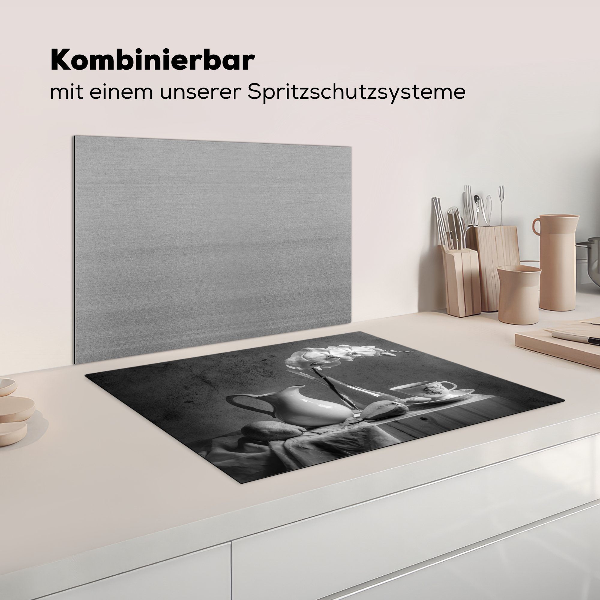 für Tisch die 71x52 Ceranfeldabdeckung - (1 Induktionskochfeld Schutz Vinyl, küche, - - Herdblende-/Abdeckplatte Weiß, tlg), cm, Stilleben MuchoWow Schwarz