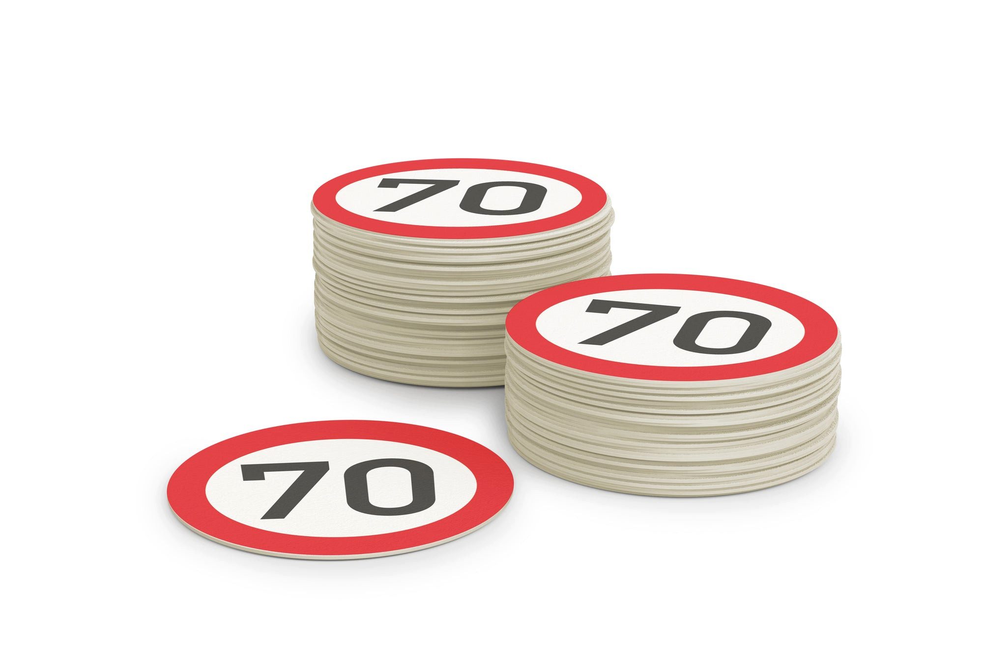FLYERALARM Bierdeckel Verkehrsschild Design 70 I 50 Stück I Geburtstag Tischdeko, Deko Garten Runder Geburststag Minimalistisch Jubiläum Feier