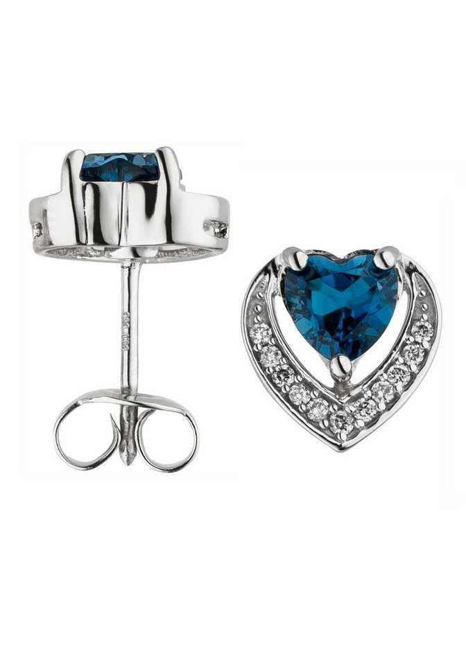 Ohrstecker Herz-Ohrringe 22 JOBO 585 Blautopas Diamanten, mit Weißgold und Paar