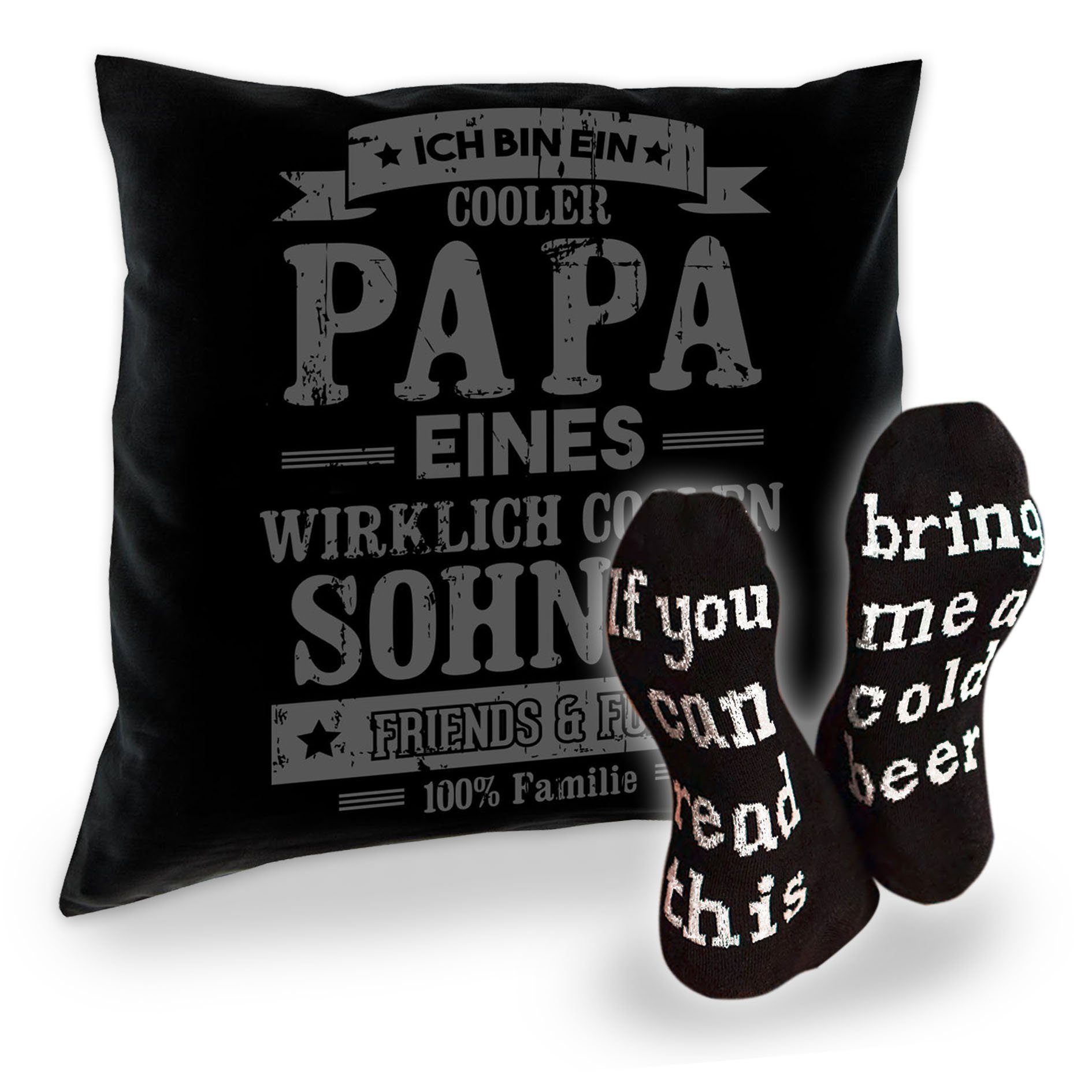 Soreso® Dekokissen Kissen Cooler Papa eines Sohnes und Socken mit Bier Spruch, Vatertagsgeschenk Papa Männer schwarz