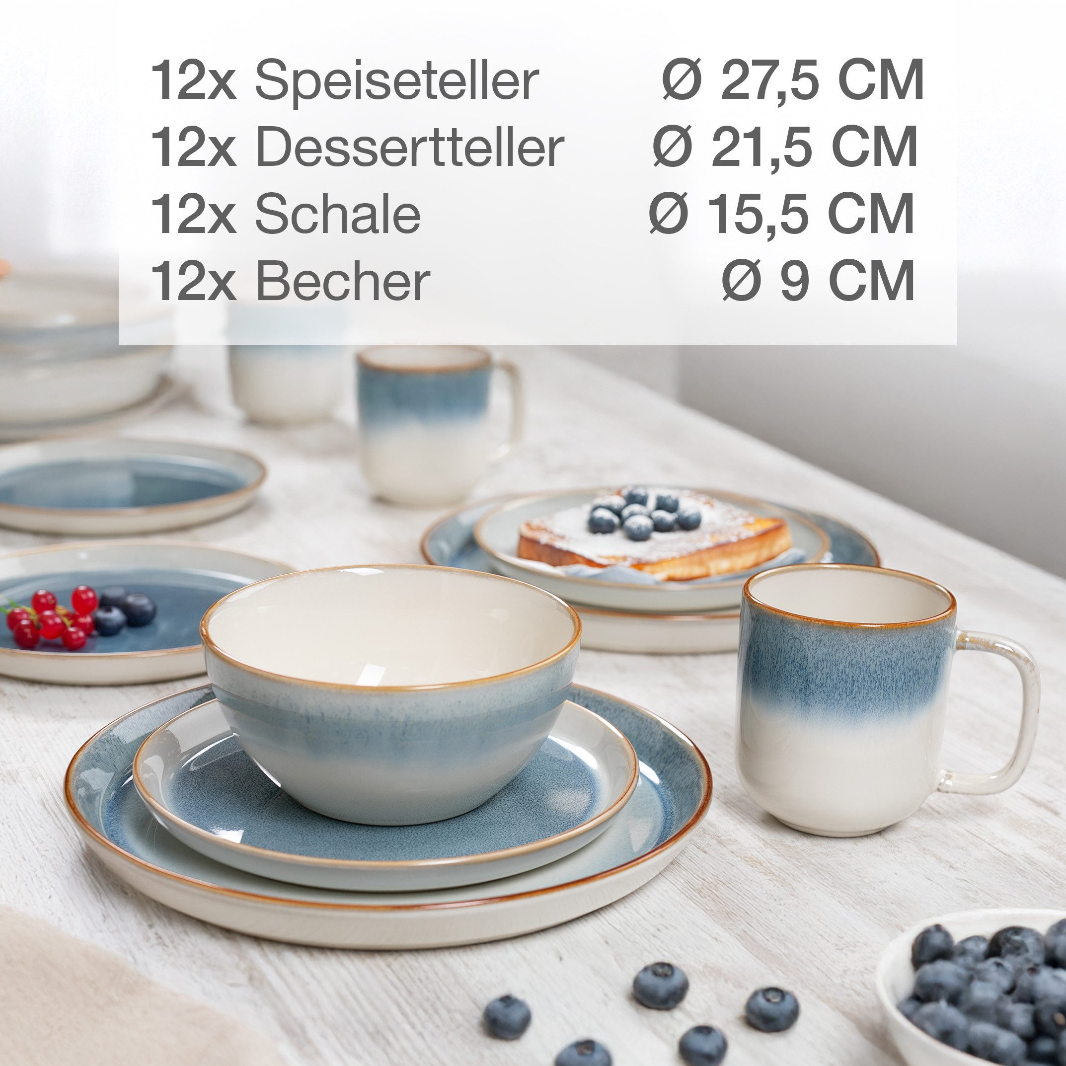 Moritz & Moritz Kombiservice TARENTO Geschirrset 48tlg Blau (48-tlg), 12 Personen, Steinzeug, Kombigeschirr für 6 Personen