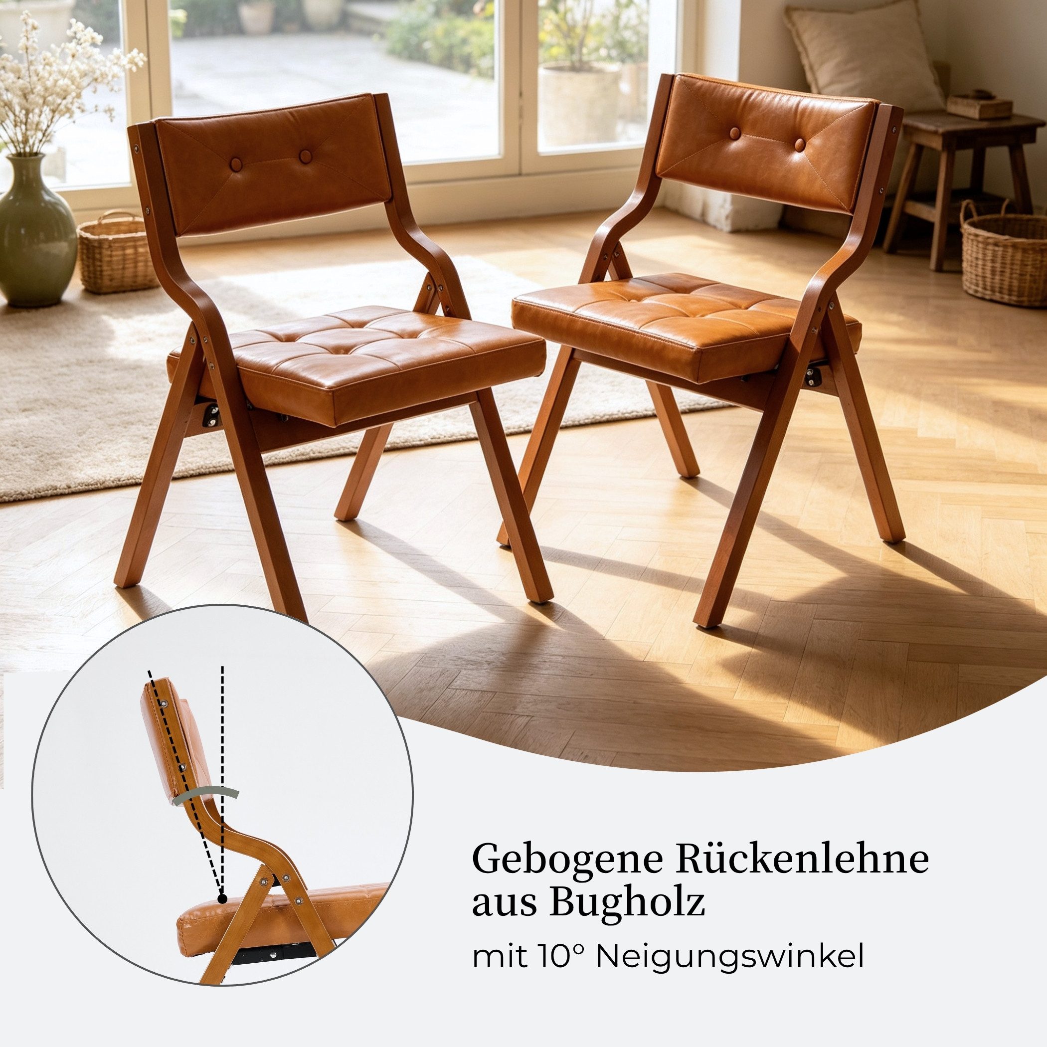 SeedWave Esszimmerstuhl 2er Set Klappstühle Kunstleder Faltstuhl mit Gebogenem Holzgestell (2er Set), Vintage-Lederoptik Folding Chair mit Knopfheftung, 130 kg  – Bild 5 von 5