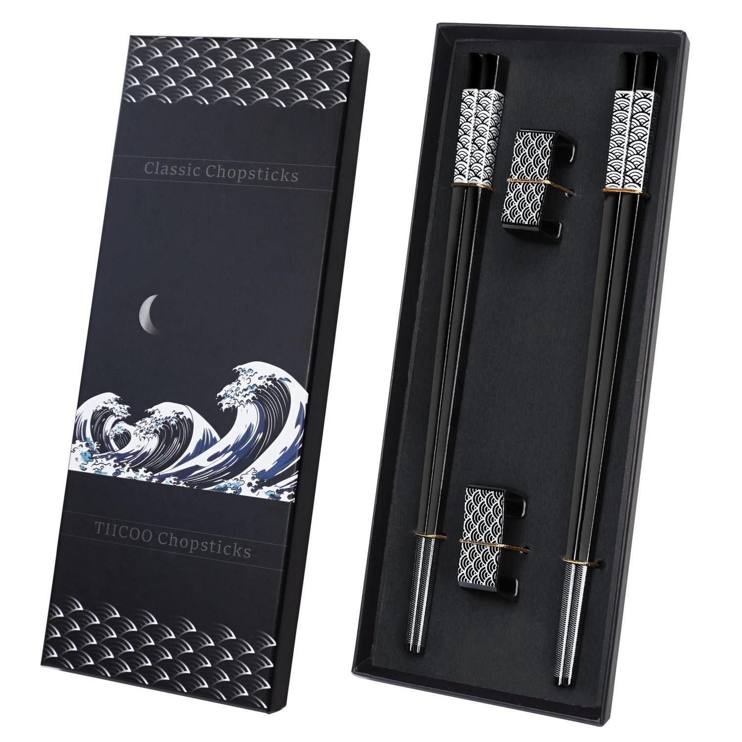 LuxusKollektion Essstäbchen Essstäbchen Set Titan Edelstahl 2 Paar Schwarz