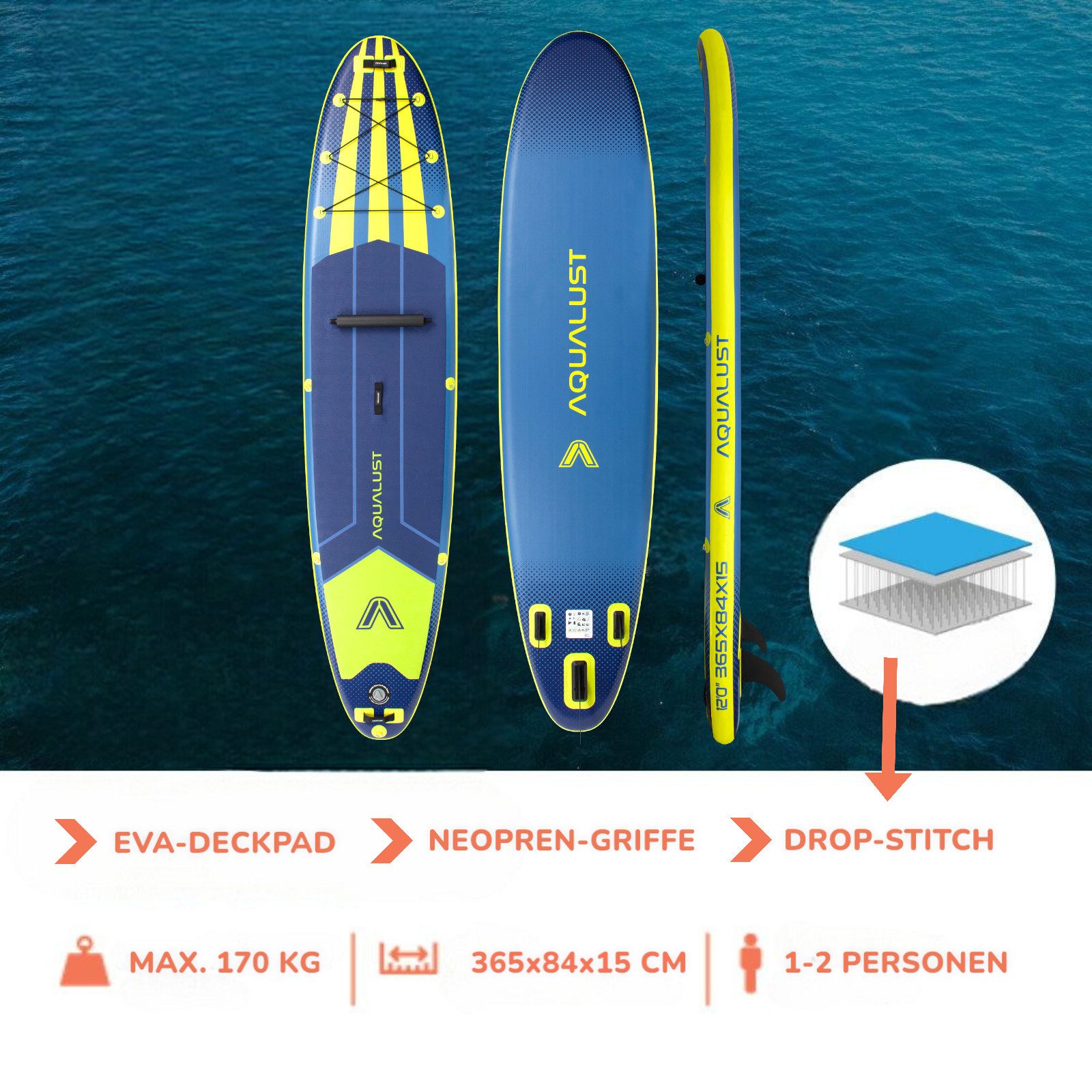 Aqualust SUP-Board AQUALUST 12.0 SUP BOARD 365 cm Set mit Aqua Marina BlueDrive S Motor