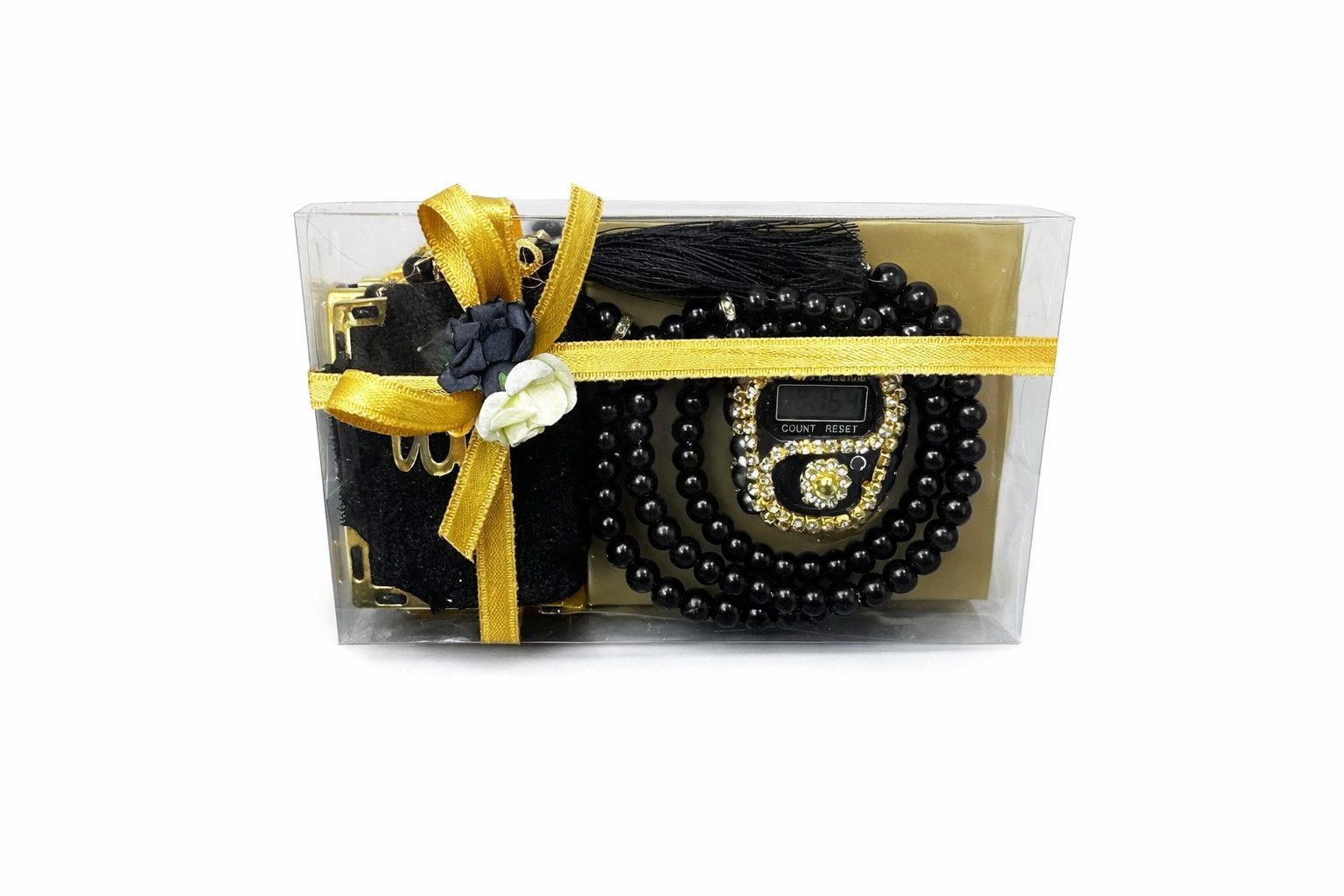 Aymasal Perlenketten-Set Islamische Geschenke 3tlg. 99 Perlenkette & Fingerzähler & Mini Koran, Dhikr Zähler mit Strasssteinen, schöne Geschenkverpackung