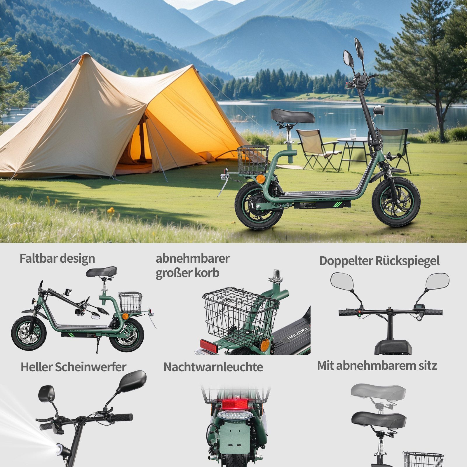 Twofish E-Motorroller M5 PRO-E EEC (EEC-zertifiziert) mit Sitz & Heckkorb, 40 km/h, 30 km Reichweite, Doppelscheibenbremsen, Stoßdämpfer vorne und hinten