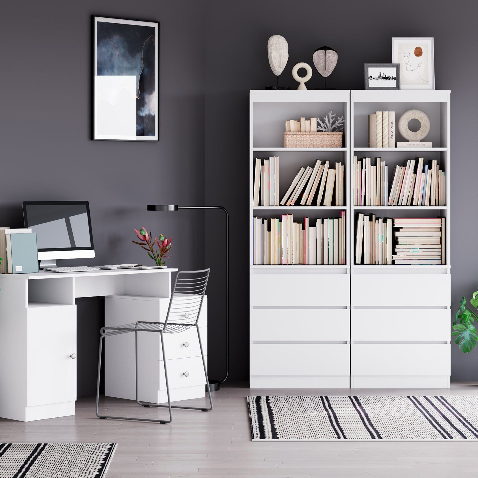 Homfa Hochschrank Bücherregal Bücherschrank mit 3 Schubladen Vitrinenschrank weiß