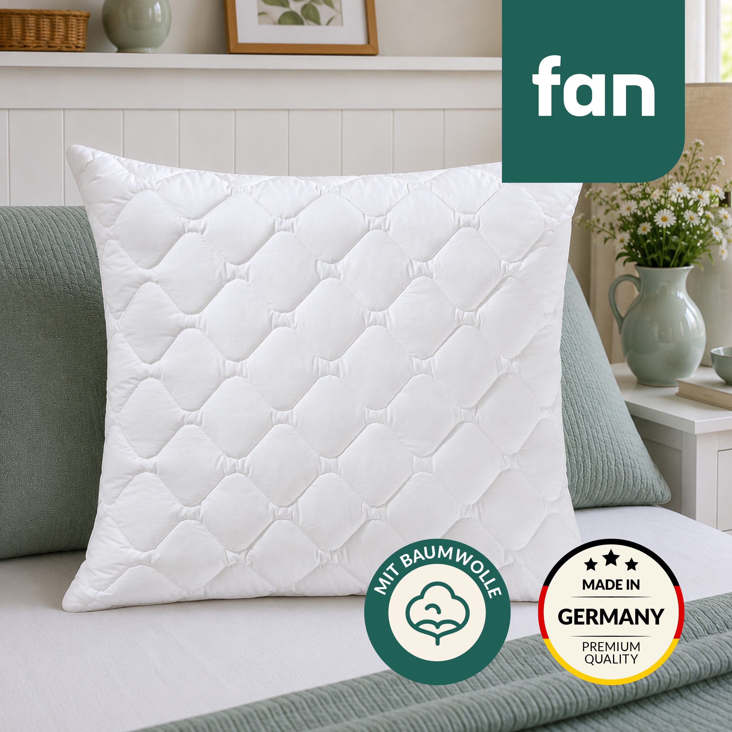 fan Microfaserkissen Kansas, mit Baumwollbezug und Reißverschluss, Füllung: 100% Microfaser, Bezug: 100% Baumwolle, in 40x80 oder 80x80 cm, Kopfkissen aus Microfaser, Made in Germany