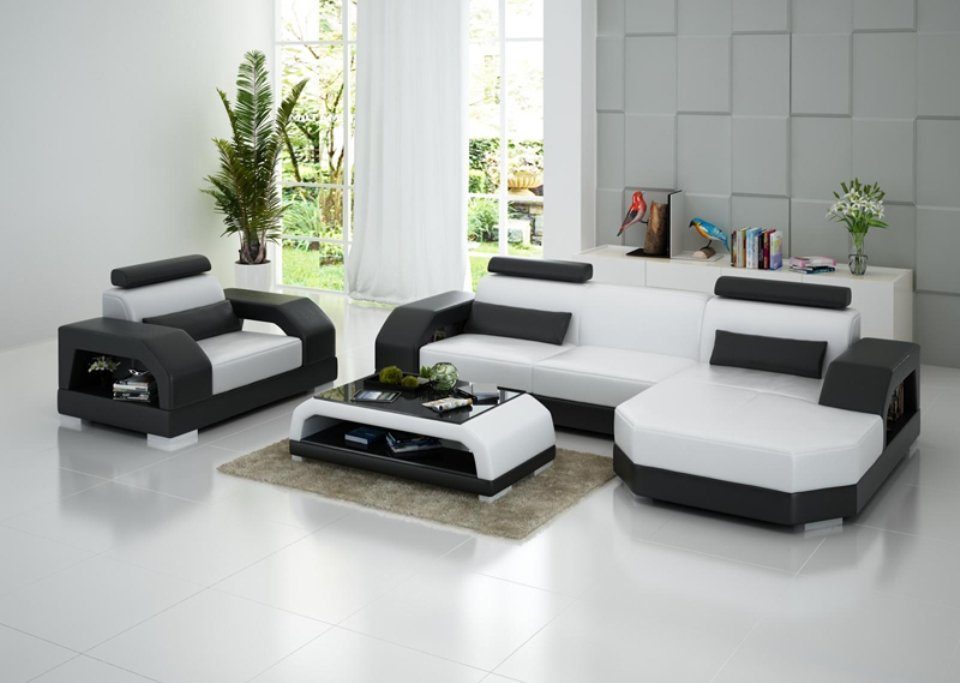 Design Garnitur Couch 1 Ecksofa, + Sitzer JVmoebel Ecksofa Ledersofa Wohnlandschaft