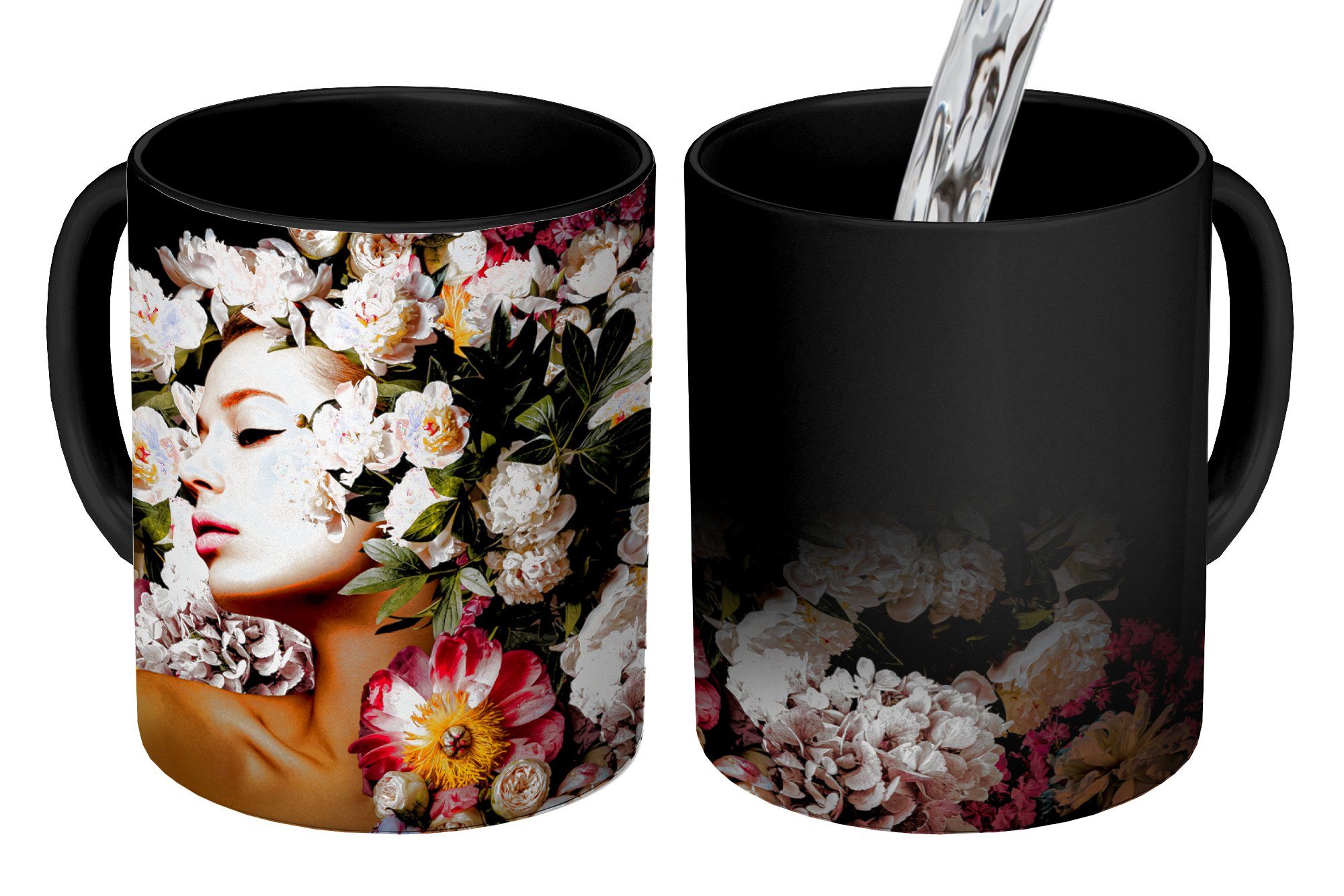 MuchoWow Tasse Frauen - Blumen - Rosen - Porträt, Keramik, Farbwechsel, Kaffeetassen, Teetasse, Zaubertasse, Geschenk