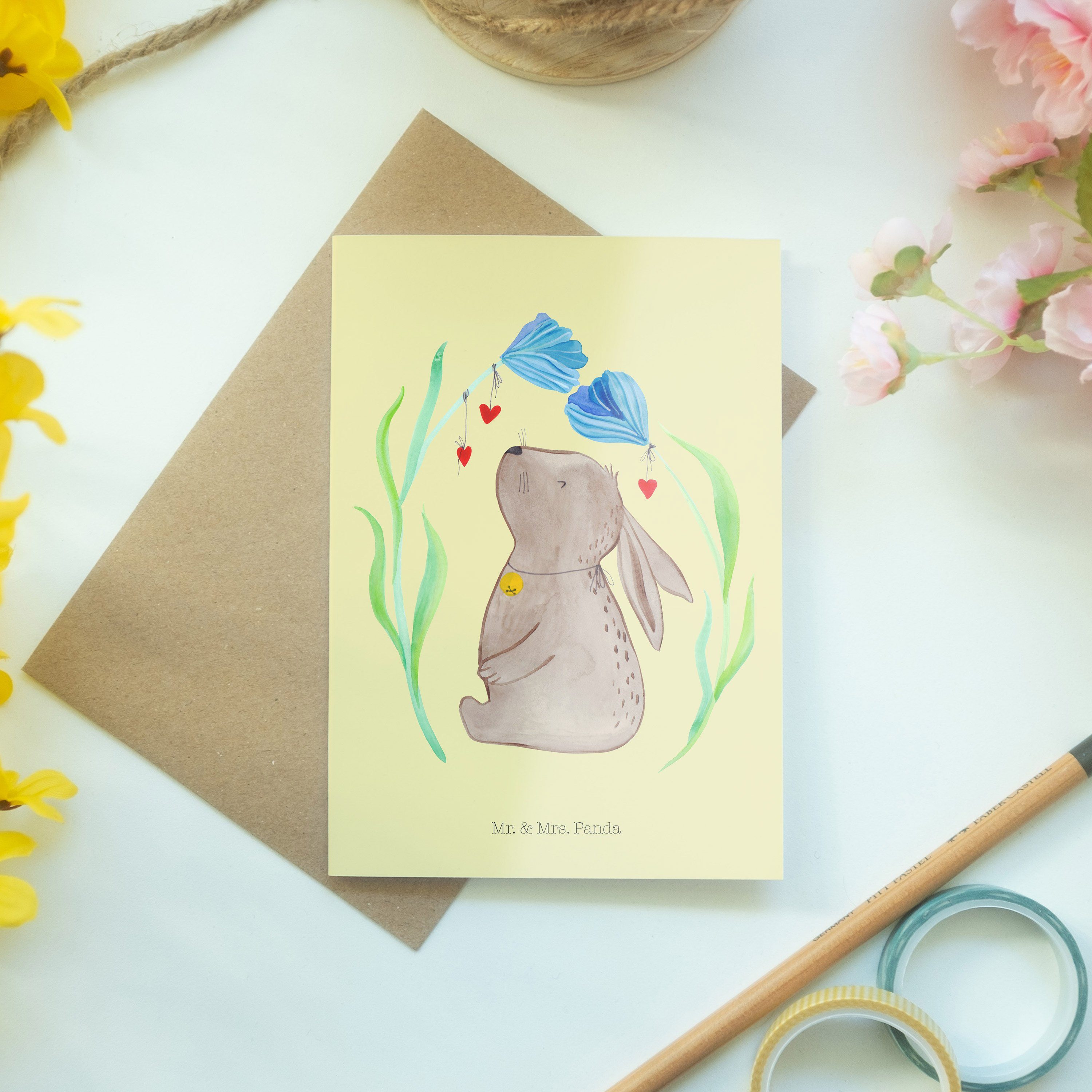 Mr. & Hase Panda Klappkarte, - Einladungskarte, Blume Ka Pastell Gelb - Mrs. Grußkarte Geschenk