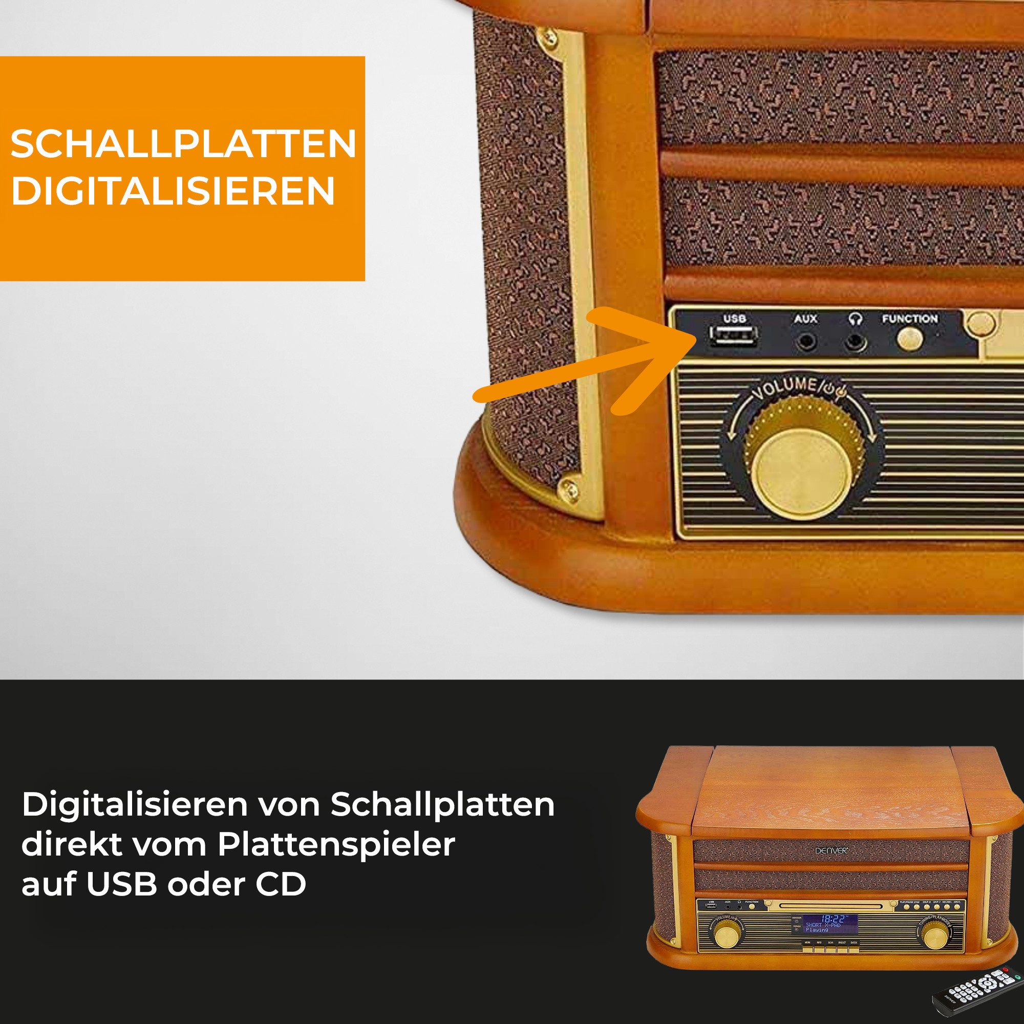 Denver MRD-51 Plattenspieler (Riemenantrieb, DAB+/FM Radio, Vinyl, Kassette, CD, USB-Aufnahmefunktion)
