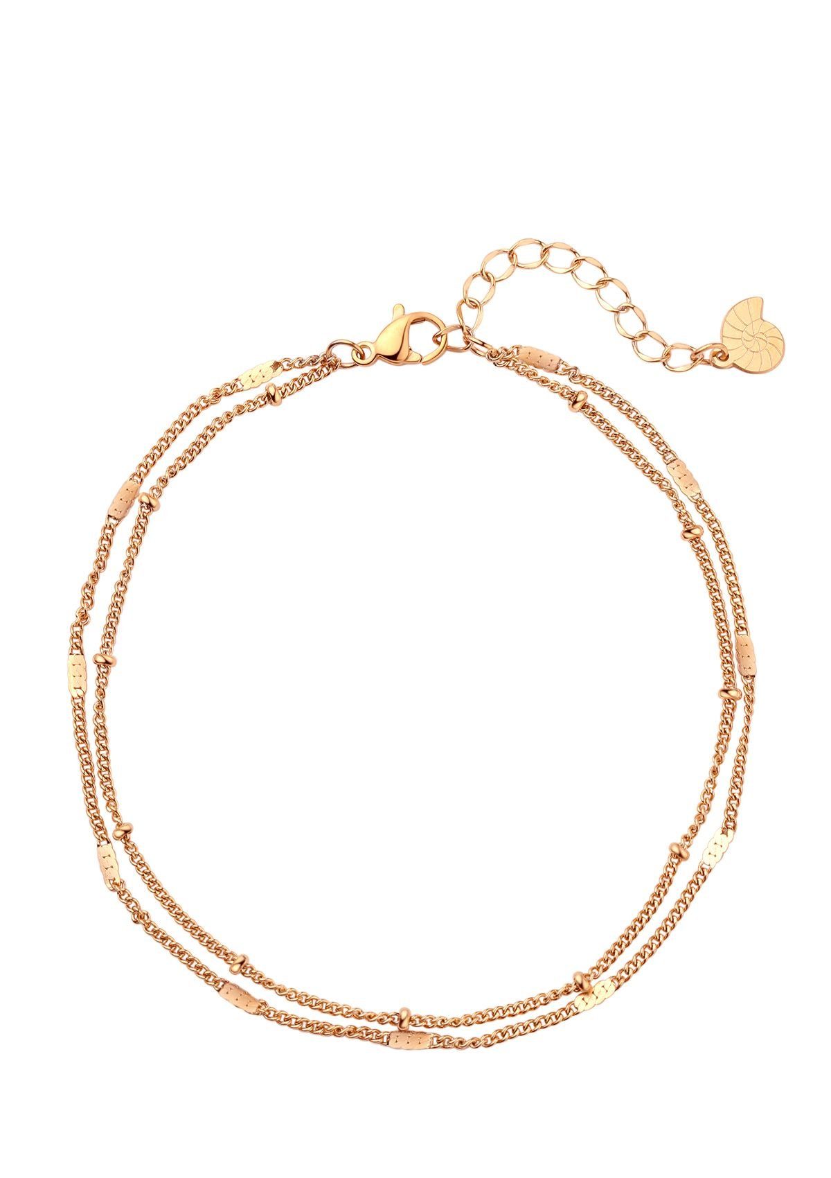 Fußkette Layer Plättchen Kugeln zweireihig, 18K Roségold vergoldet