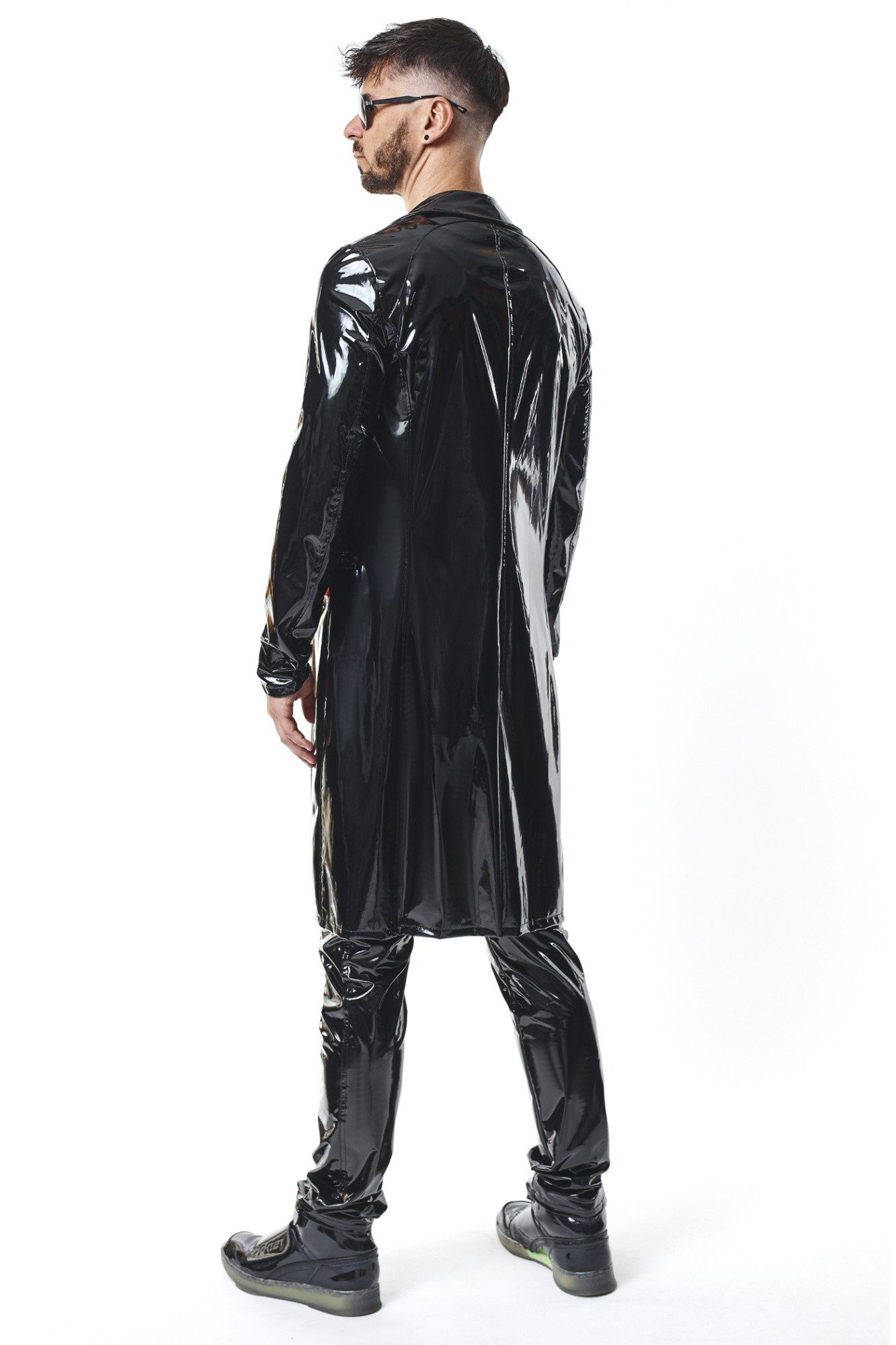 Regnes Fetish Planet Lederimitatmantel Halblanger schwarzer Herren Lack-Mantel mit Taschen Trenchcoat mit Kra