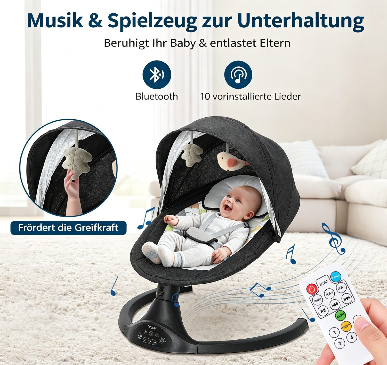 AUDEW Babywippe elektrisch Babyschaukel 5 Gang Schaukelstuhl, mit Fernbedienung, bluetooth Musik, Moskitonetz und 2 x Spielzeug