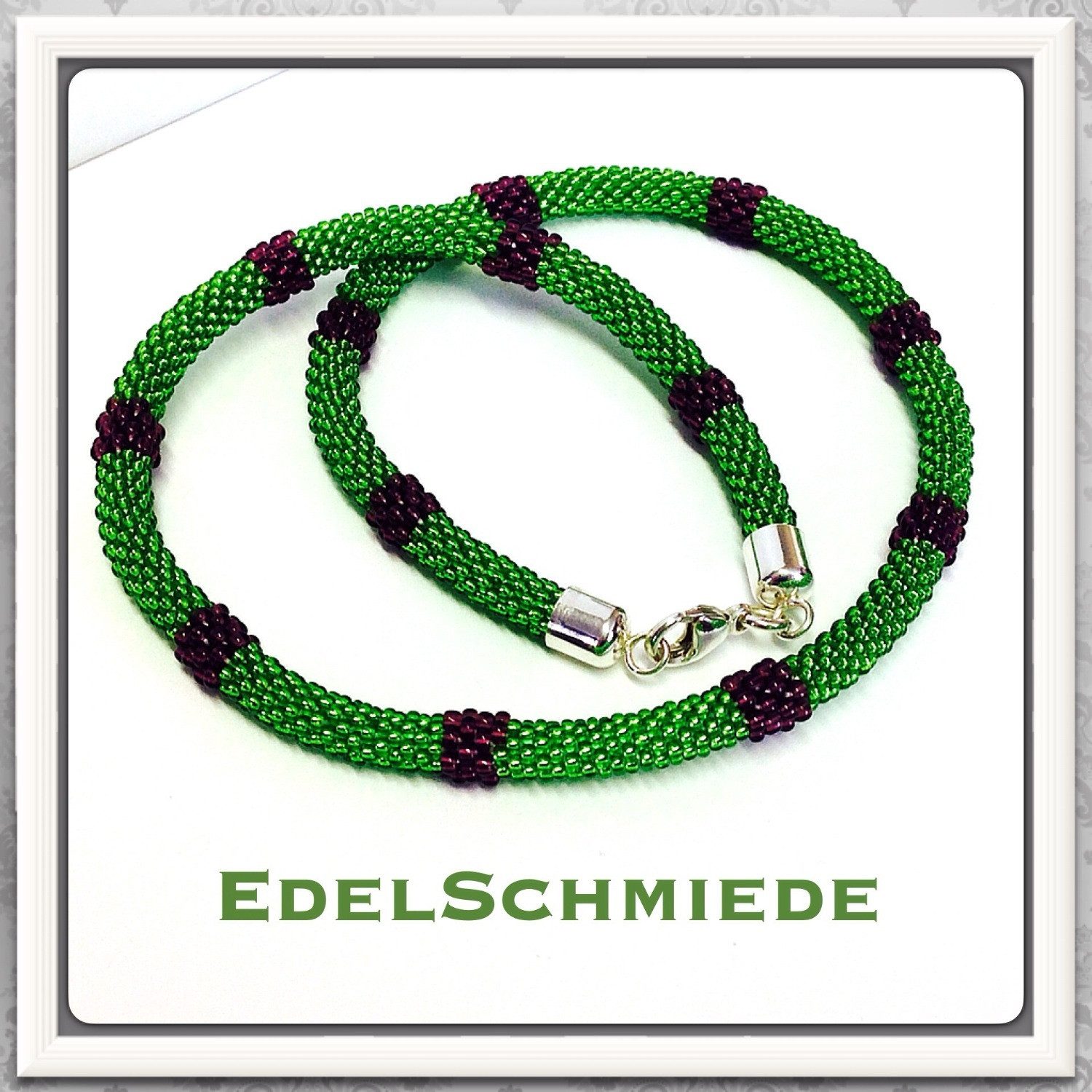 Kette ohne Anhänger Häkelkette, Grün mit violett (dunkel) 925/-