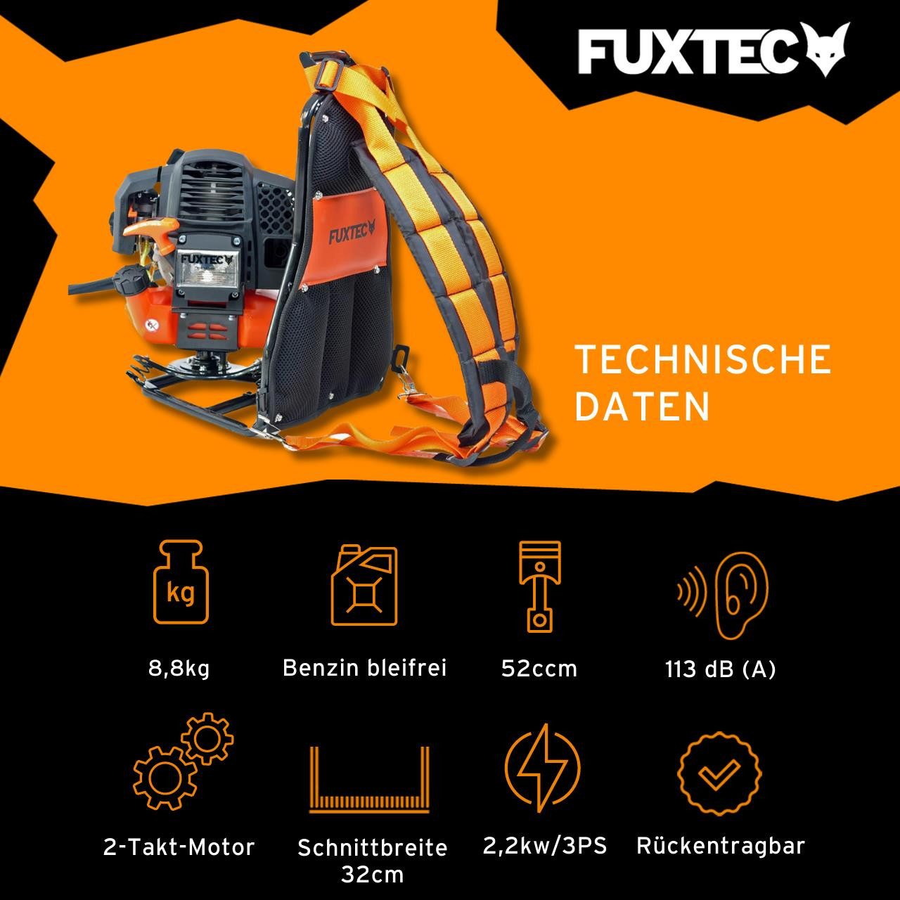 FUXTEC Benzin-Motorsense FX-MS152T, 44 cm Arbeitsbreite Messer, 2in1 Tool rückentragbar, 52ccm, 32cm Schnittbreite, Faden/Messer