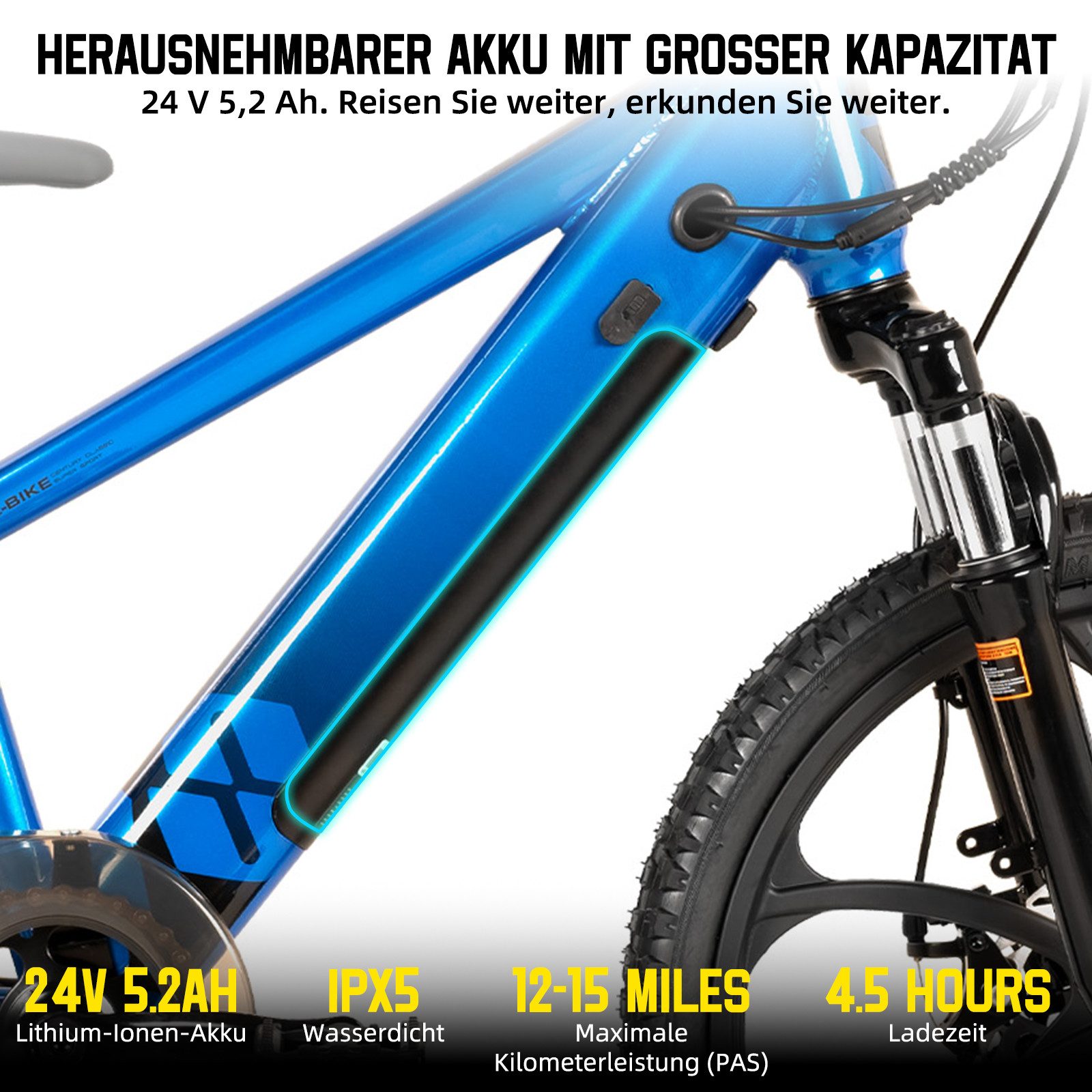 HILAND E-Bike E-Mountainbike 20 Zoll 24V 250W, Einheitsreifen & entnehmbarer Akku, Heckmotor, 124,8 Wh