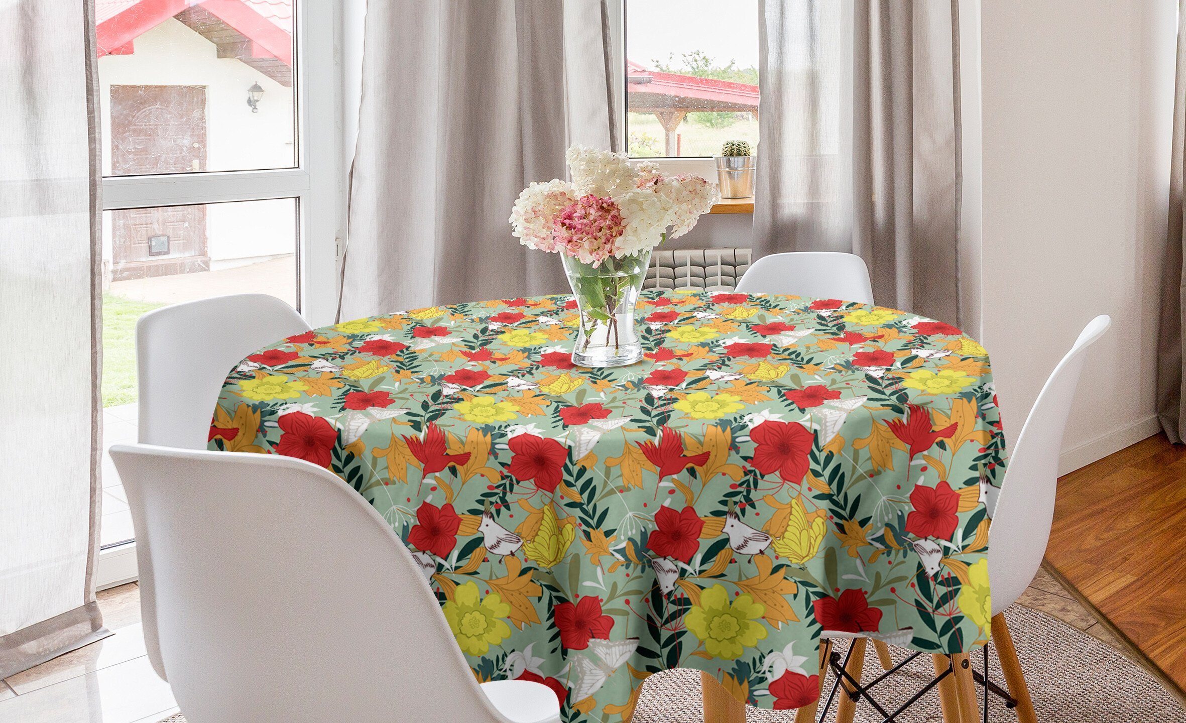 Abakuhaus Tischdecke Kreis Tischdecke Abdeckung für Esszimmer Küche Dekoration, Tropisch Jungle Blüten Hibiscus