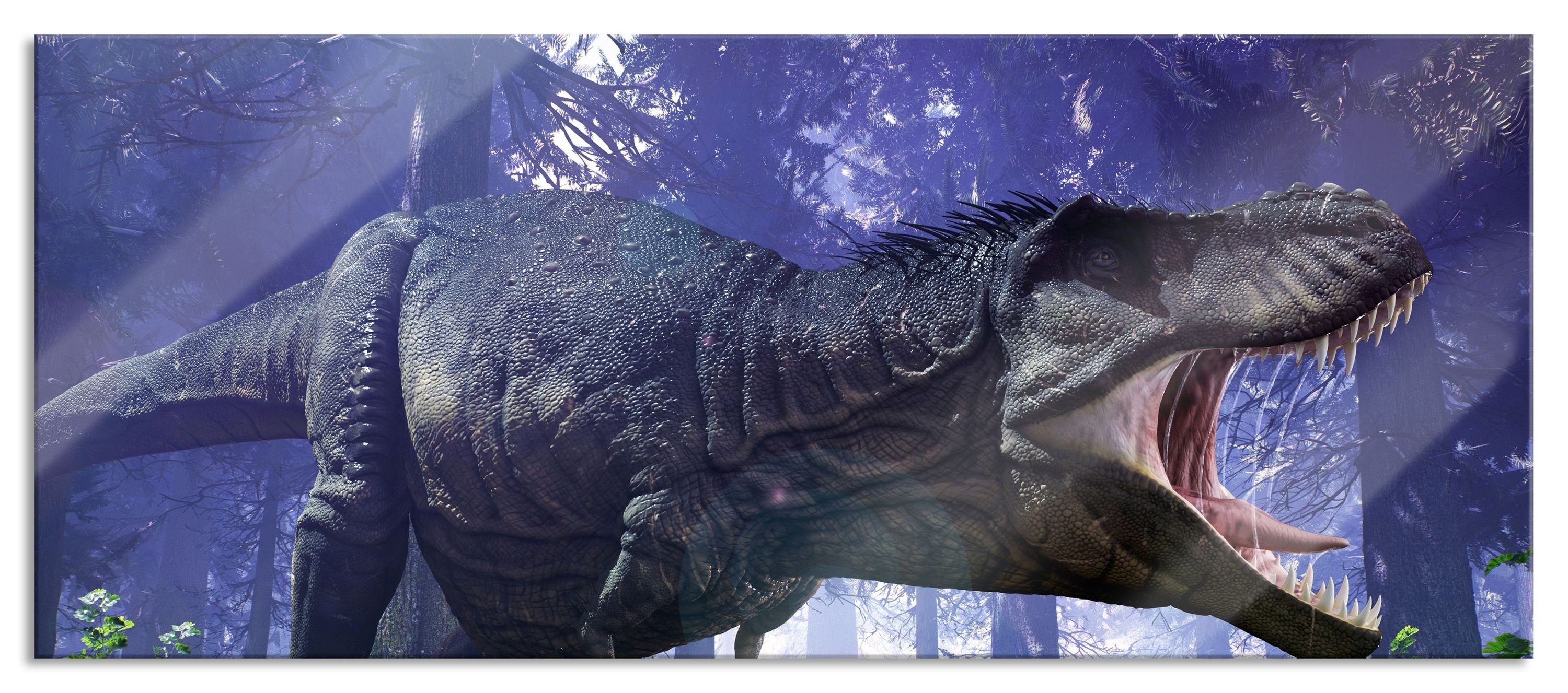 Pixxprint Glasbild T-Rex Dinosaurier im Wald, T-Rex Dinosaurier im Wald (1 St), Glasbild aus Echtglas, inkl. Aufhängungen und Abstandshalter