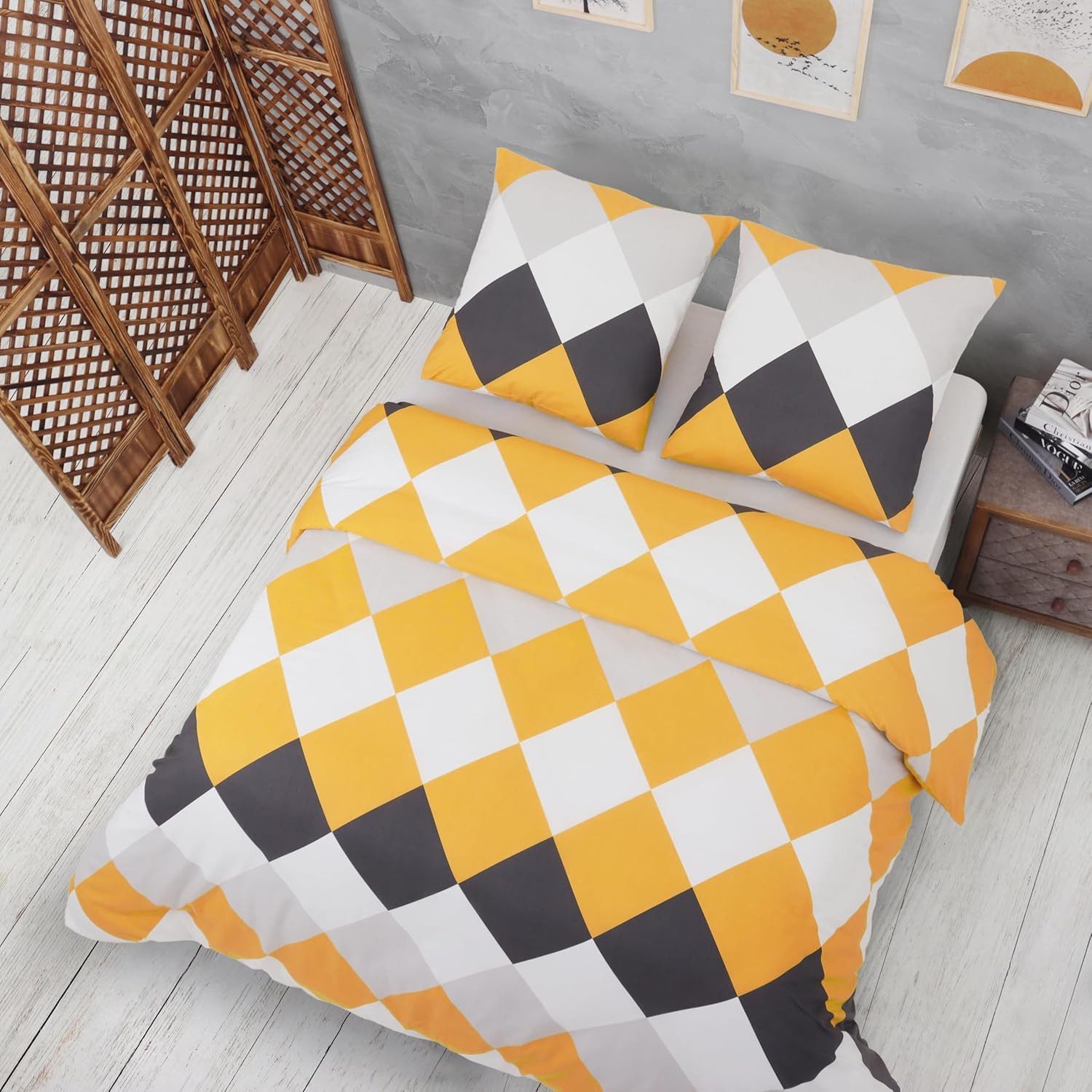 Buymax Bettwäsche Anaga, Bettgarnitur, Bettbezug Set, Renforce: 100% Baumwolle, 2 teilig, mit Reißverschluss, modern gemustert, Karo, Gelb, 135x200 cm