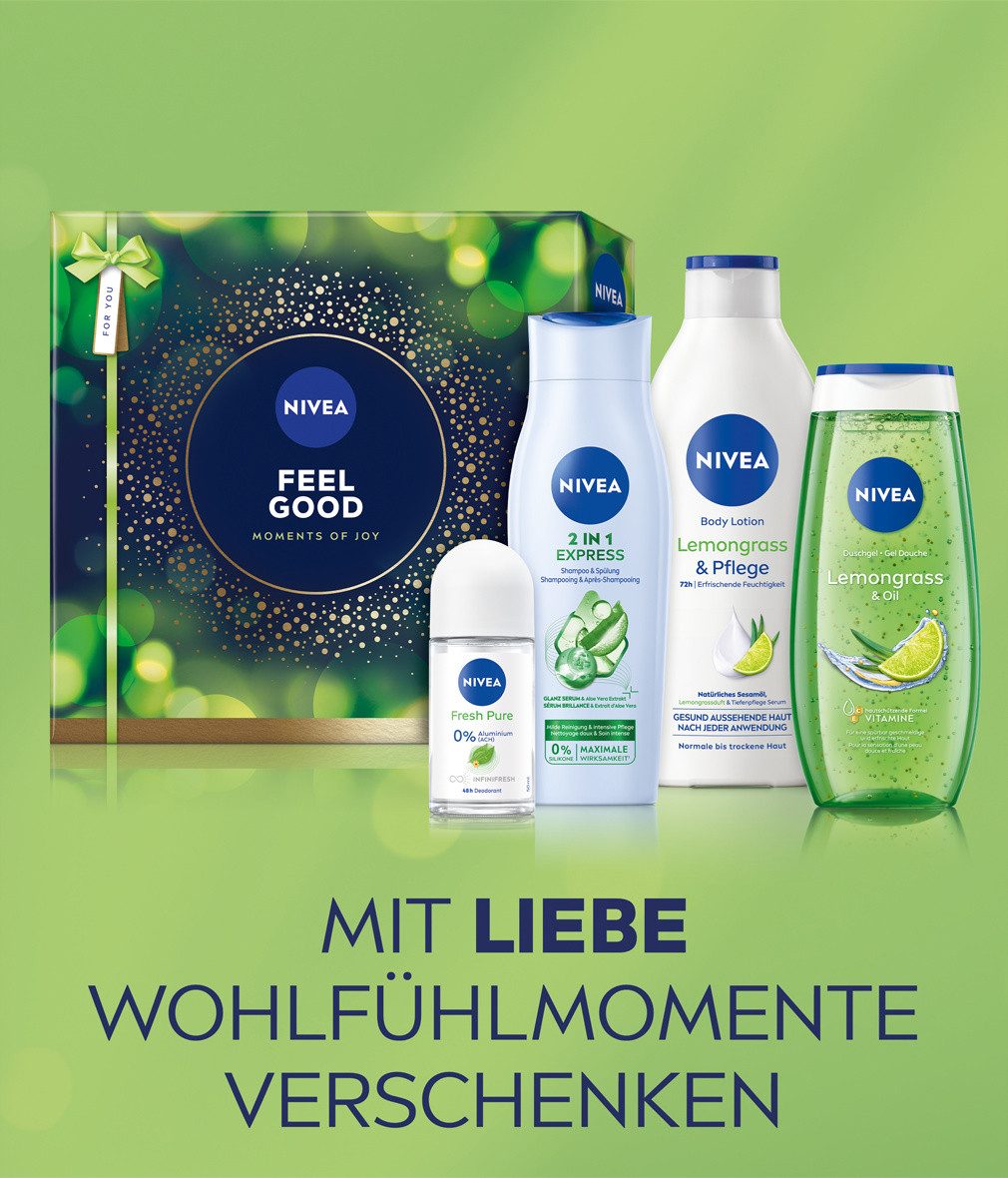 Nivea Hautpflege-Set Feel Good Geschenkset 4-teilig Duschgel Shampoo Body Lotion Deo Pflege Geschenkset, 4-tlg., 4-teiliges Geschenkset für die tägliche Pfleger – Bild 4 von 5