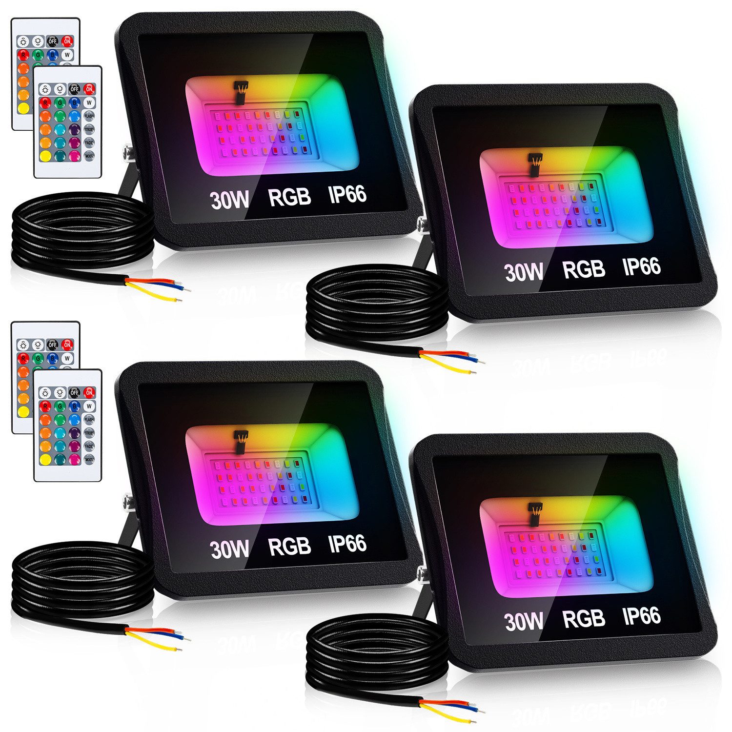 Clanmacy LED Flutlichtstrahler 1-4X RGB LED Fluter 10-50W Mehrfarbig Außen Strahler mit Fernbedienung, Außenstrahler