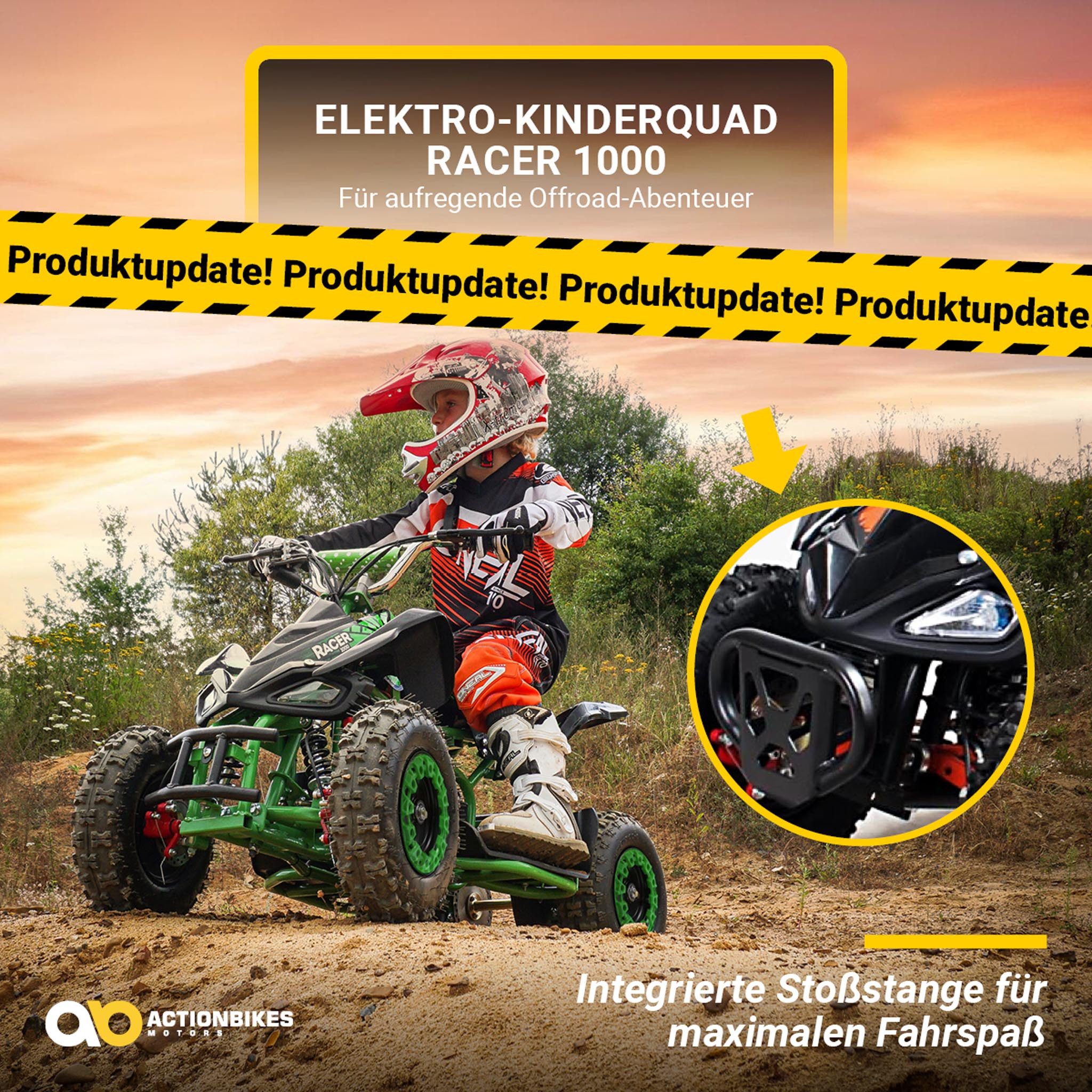 Actionbikes Motors Elektro-Kinderquad Kinder Elektroquad Racer 1000 W 36 V Mini Quad, Belastbarkeit 45 kg, (1-tlg), bis 50 kg - Scheibenbremsen - Safety Touch System Fußschalter