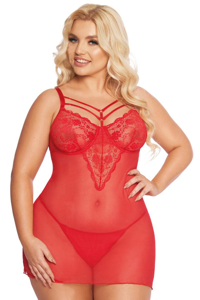Softline Negligé Rotes XXL Dessous Chemise Plus Size Nachtkleid transparent aus Tüll un